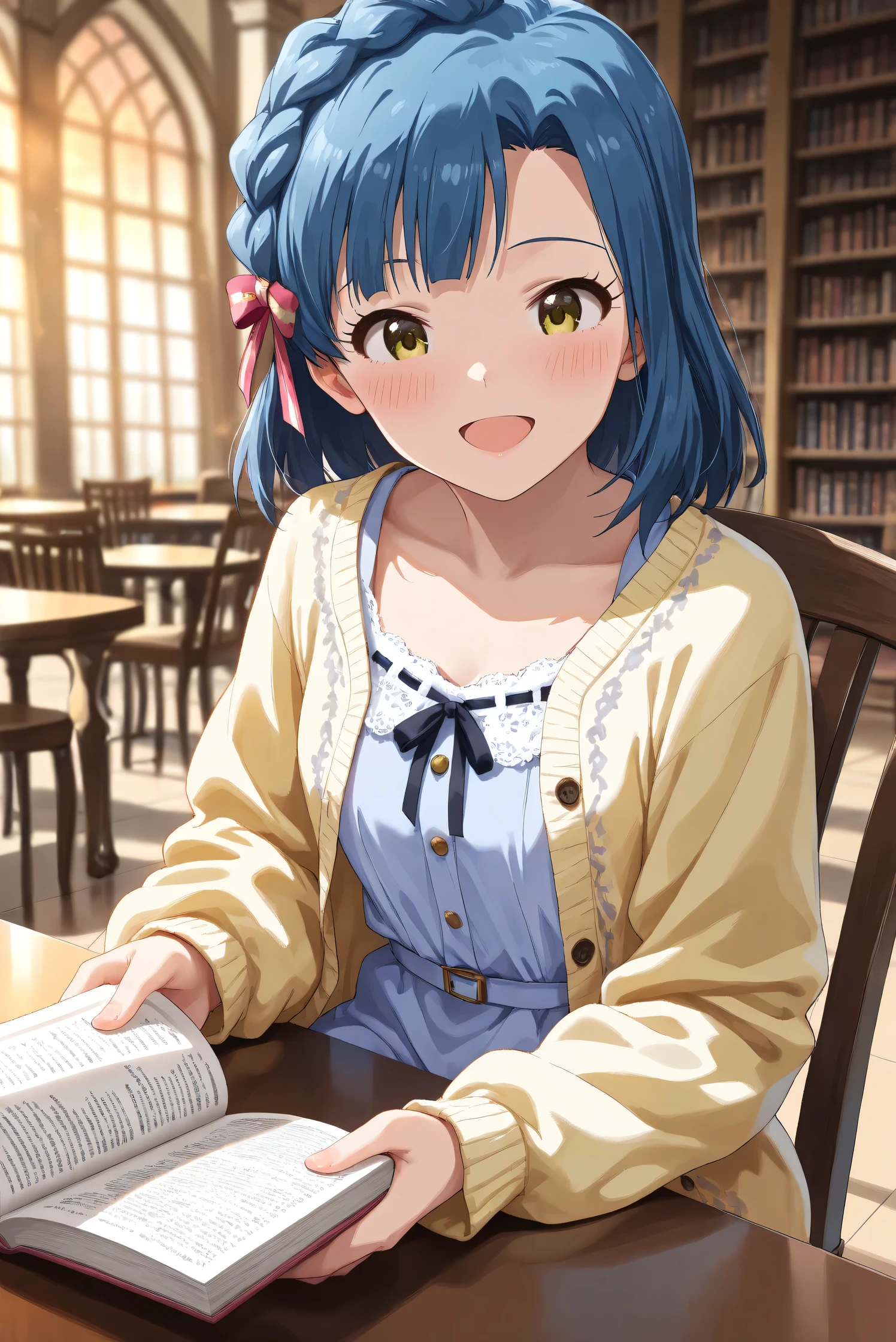 (Masterpiece), (Highest quality), (Very detailed),
(The best shape), (Best Shadow), (Absurd),
(Detailed background), (So beautiful), (Shiny),
(Extraordinary), (Countershading), (8k), (32K),
(High resolution), (Very Detailed CG), (UHD),
(Score_9), (Score_8_up), (Score_7_up),
(Source_anime), (Pastel painting:1.2),
(Watercolor painting:1.2),(Masterpiece, Detailed:1.2), (Foreshortening:1.2),
(Cinematic), (Dramatic), (Depth of field:1.4),
(Blurry background:1.4), (Realistic background:1.4),
(Dynamic angle), (1 girl), (solo),
(indoor), (evening), (Library), (chair), (table),
(Casual wear:1.3),
(light blue one piece:1.2),
(yellow cardigan), (open cardigan),
(cowboy shot), (Focus on face), (Close up shot),
(Blush:1.3), (Happy), (Smile), (open mouth),
(sitting), (reading a book),
(Realistic skin), (Shiny skin),
(Nanao Yuriko),
(The idolmaster million live!),
mirishita, yuriko, hair ribbon,