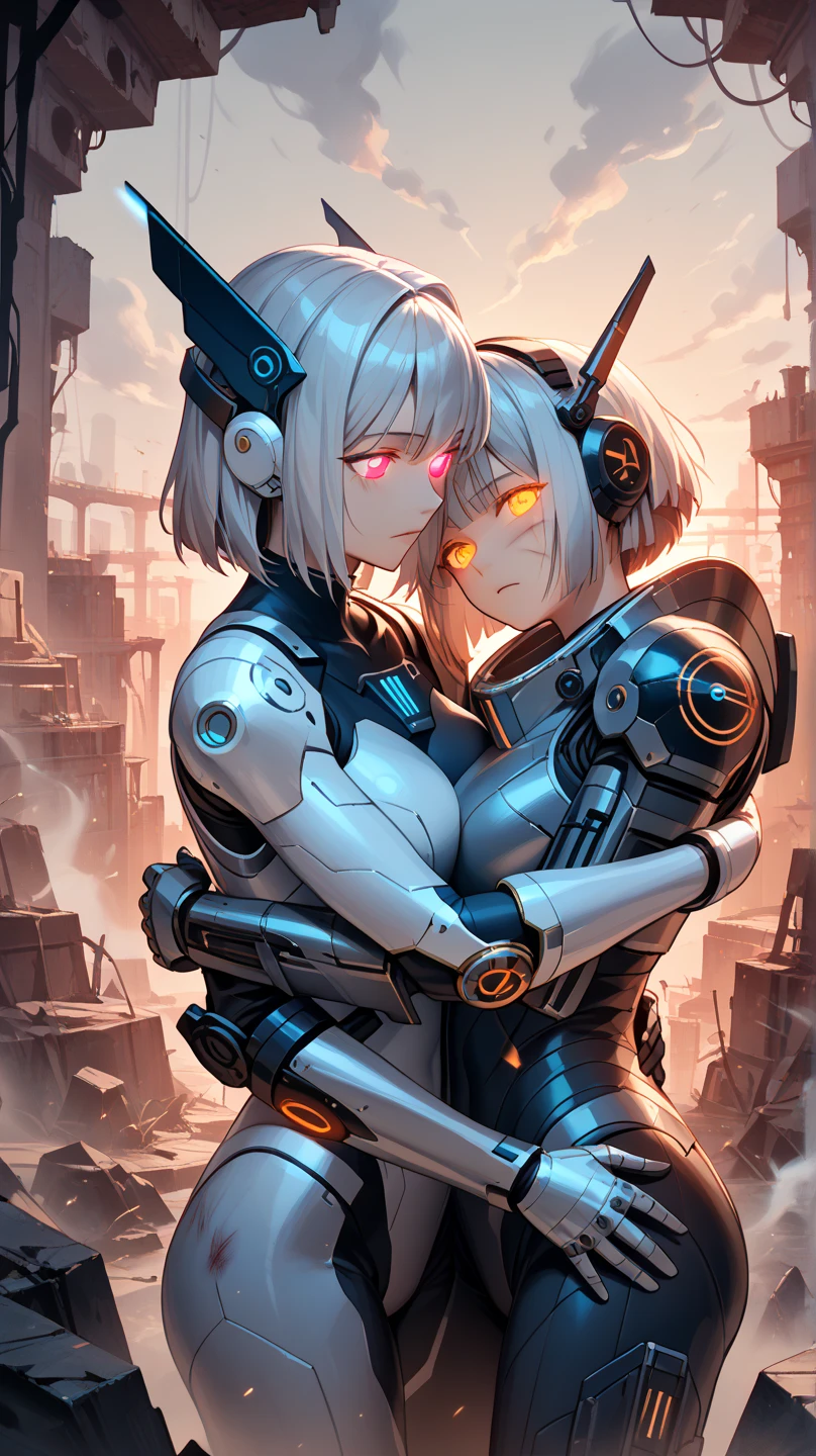 (best quality,4k,8k,highres,masterpiece:1.2), ultra-detailed, portraits, (HDR:1.1), (masterpiece:1.2) (((32k))),(((Highest quality))), masterpiece, add_detail best quality, 8k, high resolution, Poster, Futuristic, blue shades, robotic man, male robot, human girl, girl and a robot love scene, girl and robot romantic scene, girl touching the robot cheek, girl and robot kissing, girl and robot love, romantic, human girl and male robot, girl and robot in love, futuristic clothing, metallic space suit, kissing, hugging, emotional, passion, love, (emotional depth), (captivating storytelling), (intriguing narrative)