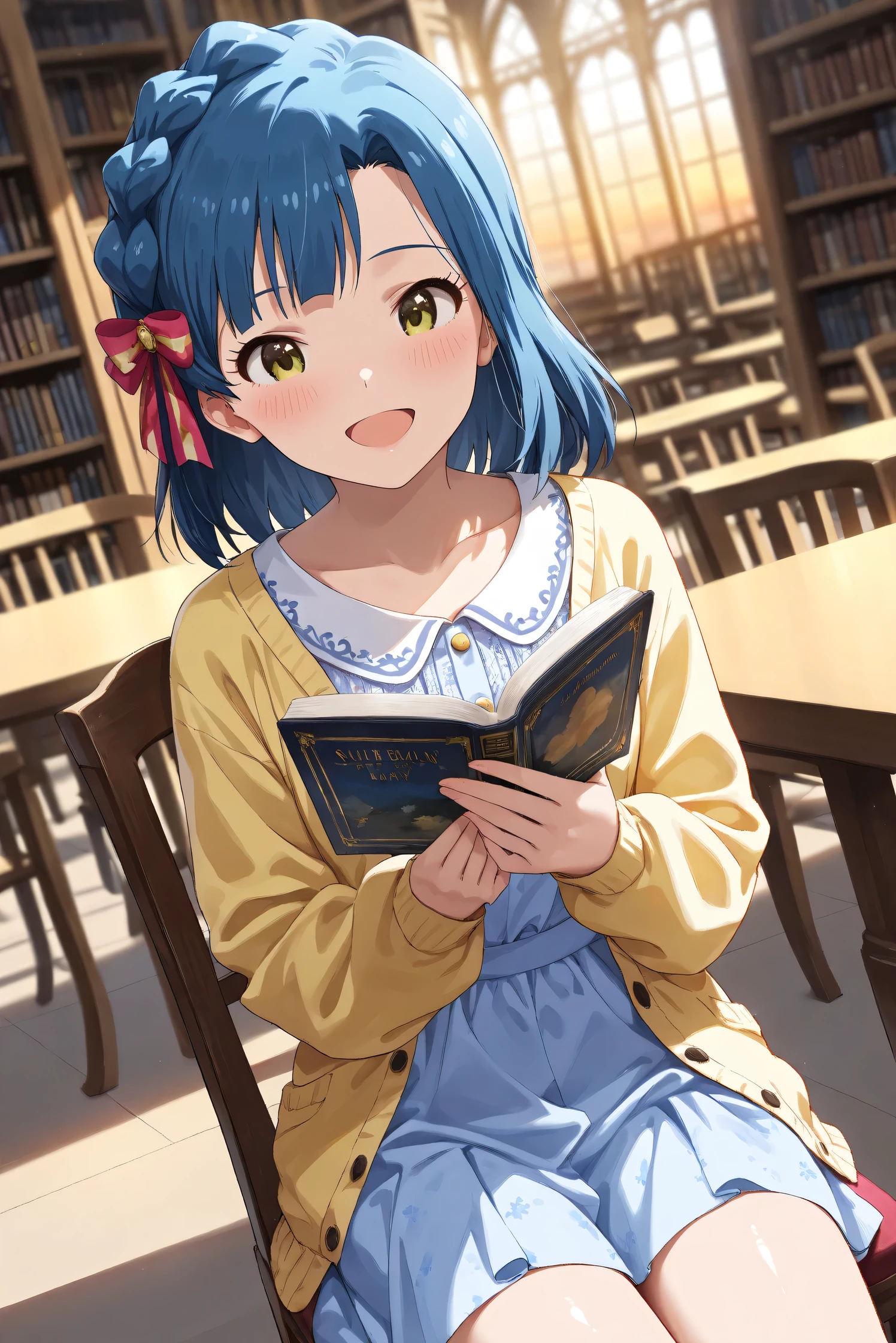 (Masterpiece), (Highest quality), (Very detailed),
(The best shape), (Best Shadow), (Absurd),
(Detailed background), (So beautiful), (Shiny),
(Extraordinary), (Countershading), (8k), (32K),
(High resolution), (Very Detailed CG), (UHD),
(Score_9), (Score_8_up), (Score_7_up),
(Source_anime), (Pastel painting:1.2),
(Watercolor painting:1.2),(Masterpiece, Detailed:1.2), (Foreshortening:1.2),
(Cinematic), (Dramatic), (Depth of field:1.4),
(Blurry background:1.4), (Realistic background:1.4),
(Dynamic angle), (1 girl), (solo),
(indoor), (evening), (Library), (chair), (table),
(Casual wear:1.3),
(light blue one piece:1.2),
(yellow cardigan), (open cardigan),
(cowboy shot), (Focus on face), (Close up shot),
(Blush:1.3), (Happy), (Smile), (open mouth),
(sitting), (reading a book),
(Realistic skin), (Shiny skin),
(Nanao Yuriko),
(The idolmaster million live!),
mirishita, yuriko, hair ribbon,