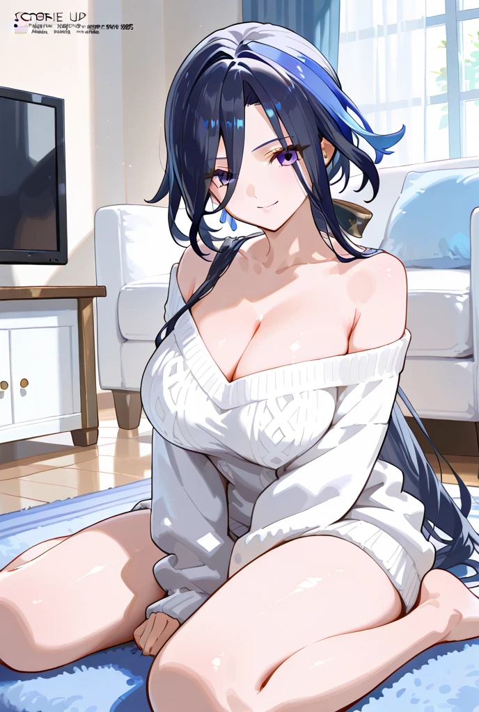 (Feminization:1.5), furry raccoon, (Michiru:1.1), (Luna Crop Top:1.1), crop top, (Luna Shorts:1.1), Bottoms,, 1 girl, alone, blue hair, (multicolored eyes), Raccoon ears, two tone hair , bedroom