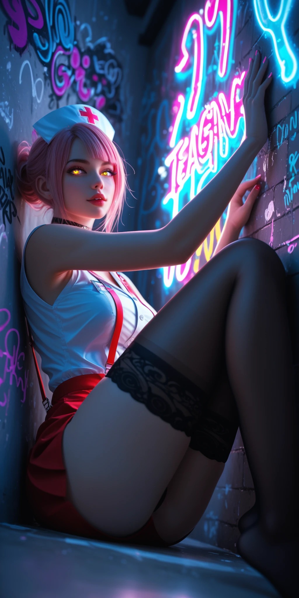 The subject is a highly detailed sexy nurse in a provocative outfit with suspenders, stockings, and a choker; with iridescent hair and glowing eyes, looking at viewer, rendered in vibrant neon colors, whole body view, viewed from the side. Perfect soft lighting emphasizes her perfect, soft, smooth skin, laying on back, legs up, side view. ((tagging glowing pink graffiti that says MEDS on wall:1.4)), ((The background is a solid aqua color)). pop art, poster art masterpiece, best quality, dynamic lighting , dynamic pose, Dutch angle, dynamic angle, detailed, depth of field, dynamic lighting, aged up, adult, lips