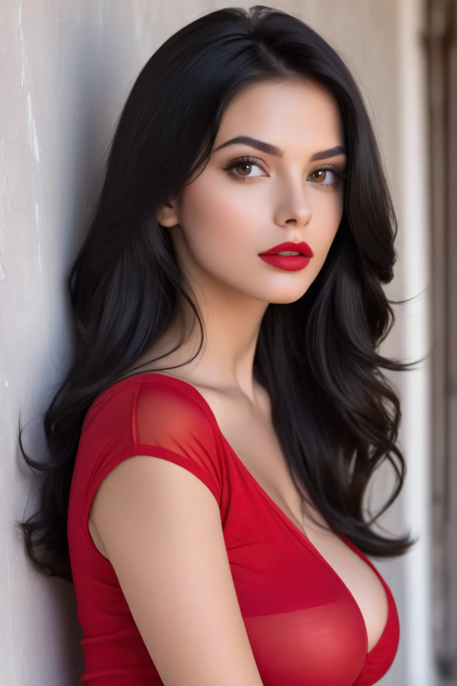 Beautiful black-haired girl with brown eyes and shoulder length hair, Nice big breasts, beautiful face, angelic and tender look, perfect makeup, red lips, She is wearing a small tight red blouse with the word sexy and a small tight white panty, He is posing against the wall