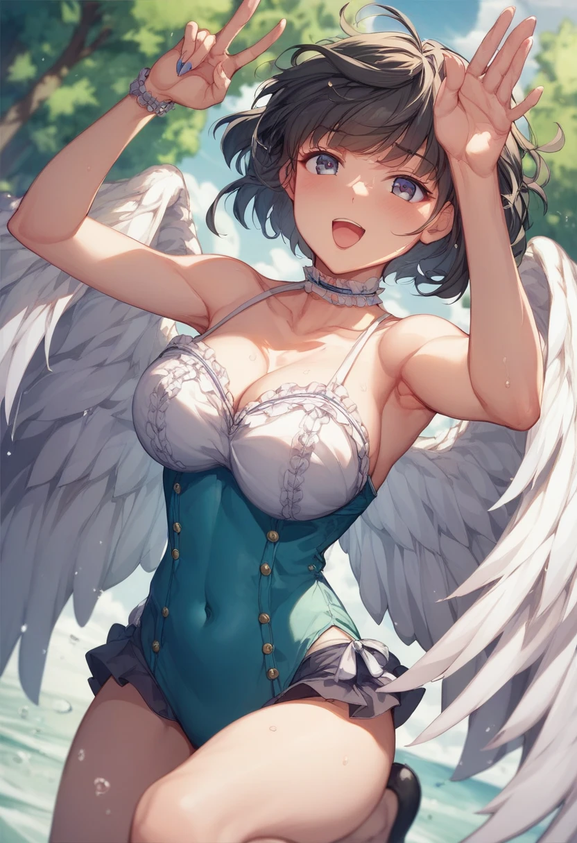 (((Masterpiece))), 1girl, super detailed, hyper-realistic face, (coquettish expression), pantyhose, crop top, rounded wings, luminescent cat ears, ((super cute face)), ((angelic face)), ((incredibly beautiful eyes)), (luminous green eyes), (full body), pink boots, (brown hair), super sexy short hair, (delicate and perfect hands), (perfect anatomy), super delicate and sexy body, sexy pose, ((ulzzang)), (super thin face), Delicate features, ultra detailed, best quality, cinematic lighting, captivating beauty, sexy look, beautiful star background