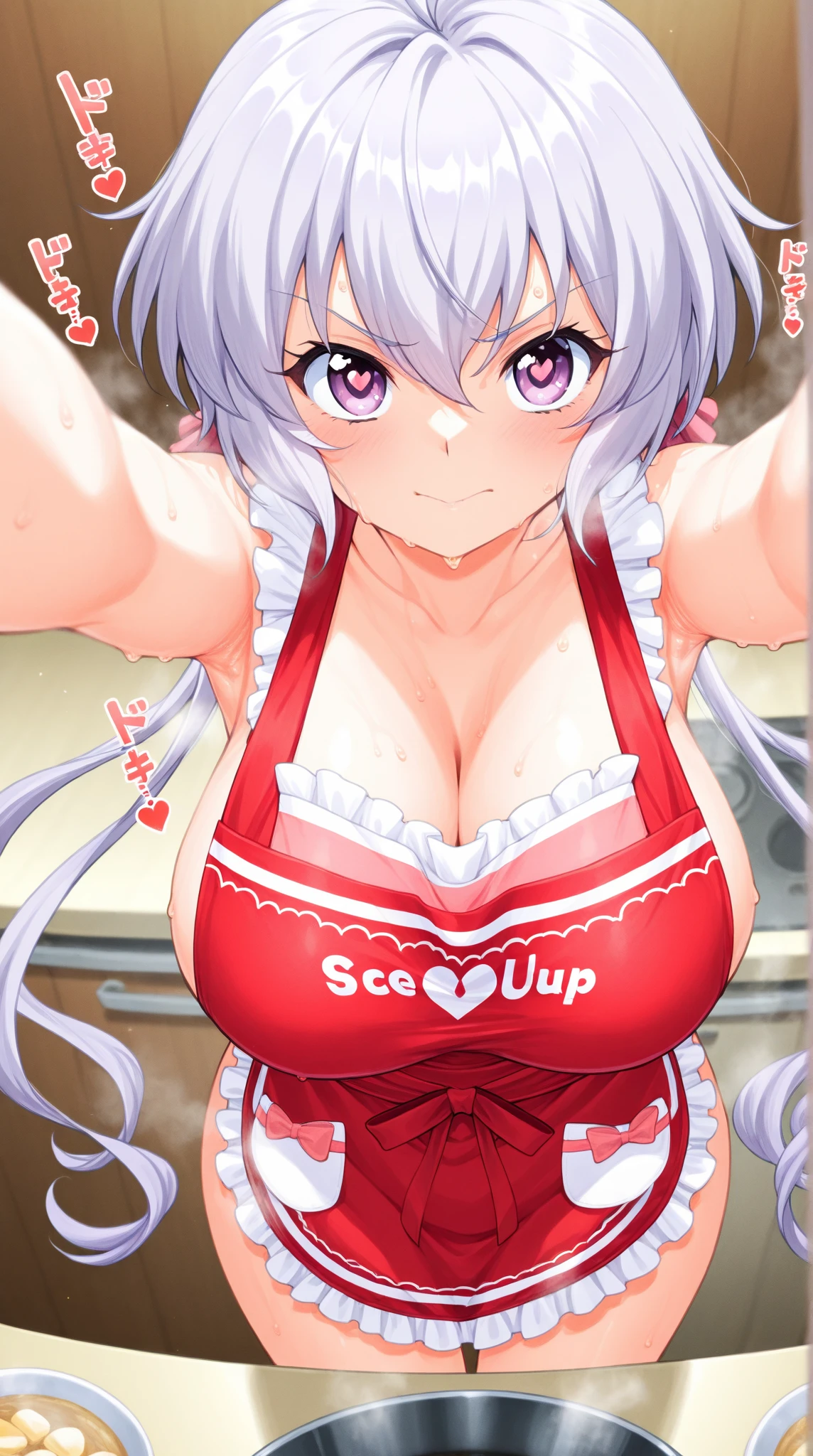 light brown hair, ahoge, braided bangs, single braid, long hair, brown eyes .(nude, naked, 1girl, solo, ,large breasts , solo) ,,, nipple ,, (wearing nothing:1.5), empty eyes , ,, , , hospital, ,blue sky, cooking, sea space