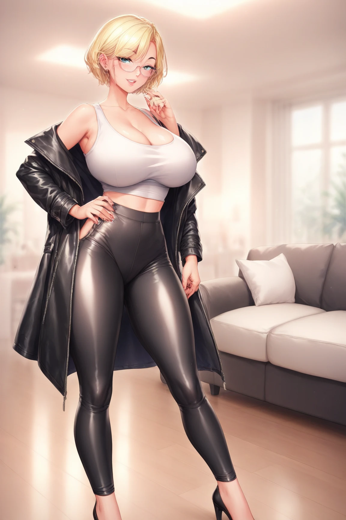 (high resolution, extremely detailed CG, unity 8k wallpaper, super detailed skin, perfect anatomy, detailed, cinematic lighting, dynamic lighting, beautiful detailed eyes:1.2), (40 years old:1.8), smiling, straight eyes, hands on hip, (pigeon toed:1), anime-style illustration of a housewife with huge breasts, black short hair, wearing a metallic bikini and platform boots. She is standing in a dark room full of darkness. She has a devilish smile on her face. The background is crowd in cityscape.