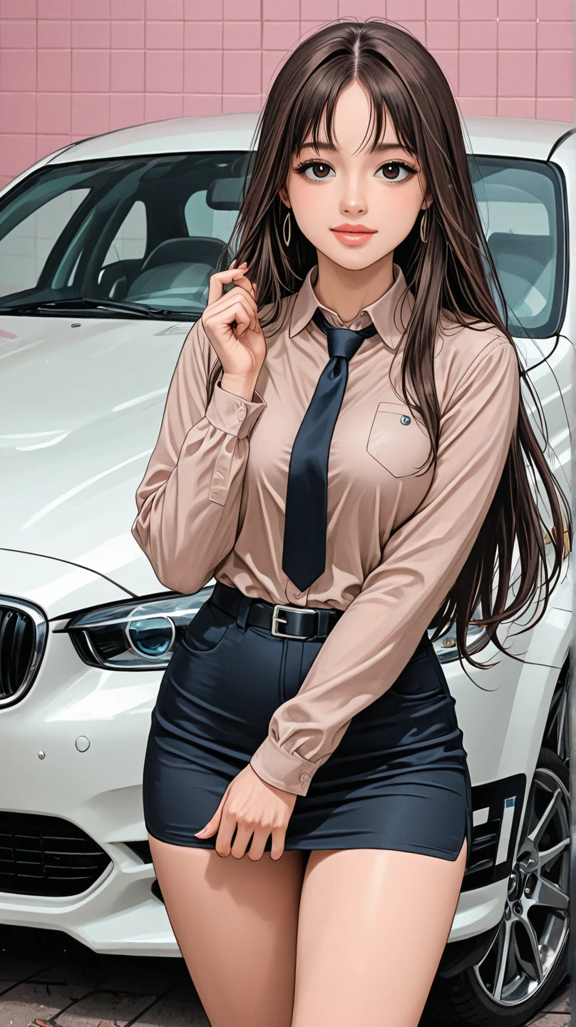 Masterpiece, Best quality, Realistic, 1人, a mature female, Sexy and charming girl, 25 years old, Just woke up, Extremely detailed face, ((dark gray eyes)), ((Right sweep long dark brown hair)), [Slender eyebrows], Detective, International city, white  shirt，blackstockings,Small suit， Cinematic lighting, Answering the phone, Postural dynamics,eyes looking at viewer，Sit in front of the car