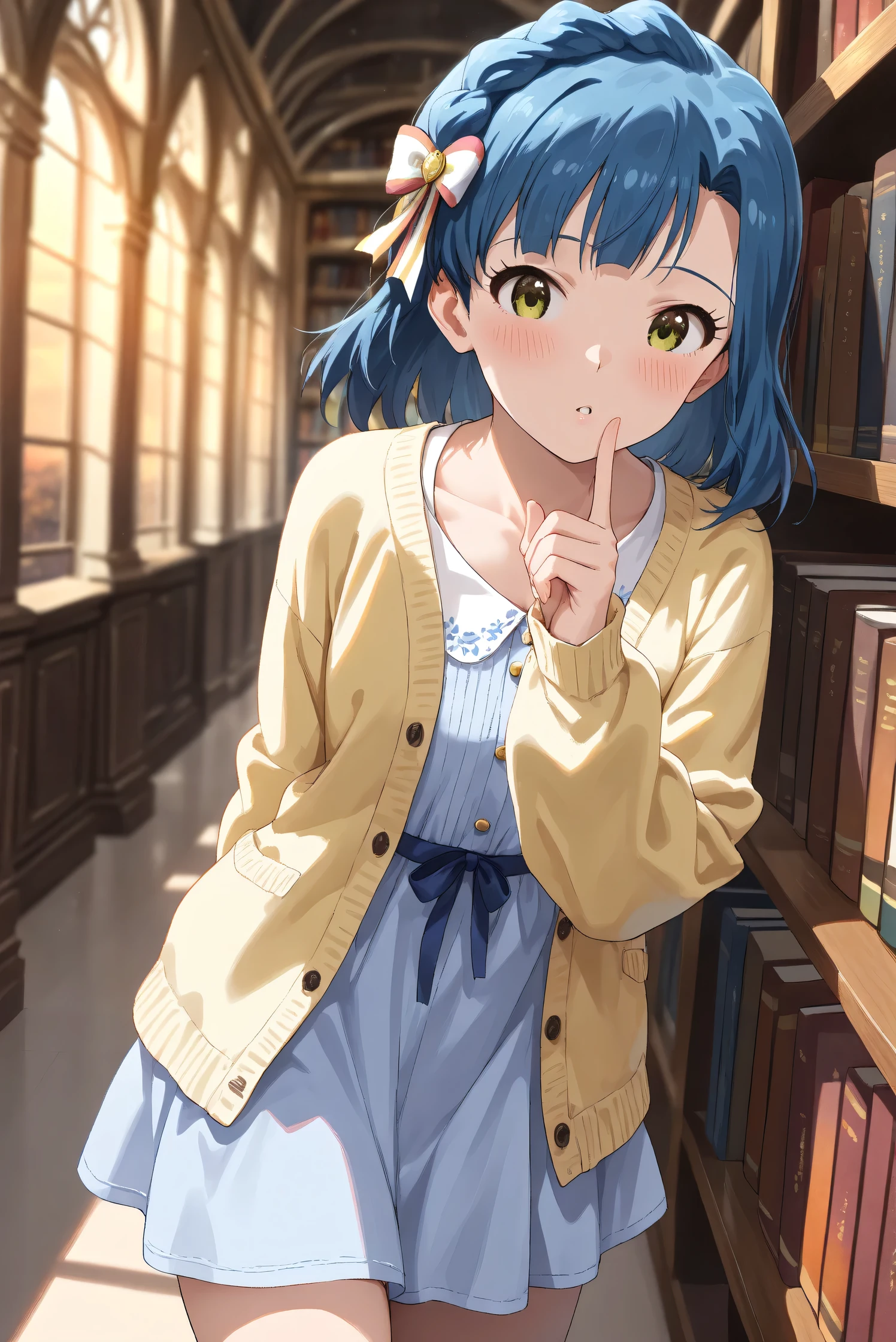 (Masterpiece), (Highest quality), (Very detailed),
(The best shape), (Best Shadow), (Absurd),
(Detailed background), (So beautiful), (Shiny),
(Extraordinary), (Countershading), (8k), (32K),
(High resolution), (Very Detailed CG), (UHD),
(Score_9), (Score_8_up), (Score_7_up),
(Source_anime), (Pastel painting:1.2),
(Watercolor painting:1.2),(Masterpiece, Detailed:1.2), (Foreshortening:1.2),
(Cinematic), (Dramatic), (Depth of field:1.4),
(Blurry background:1.4), (Realistic background:1.4),
(Dynamic angle), (1 girl), (solo),
(indoor), (evening), (Library),
(Casual wear:1.3),
(light blue one piece:1.2),
(yellow cardigan), (open cardigan),
(cowboy shot), (Focus on face), (Close up shot),
(Blush:1.3), (parted lips),
(put index finger on mouth),
(Realistic skin), (Shiny skin),
(Nanao Yuriko),
(The idolmaster million live!),
(mirishita), (yuriko), (hair ribbon),