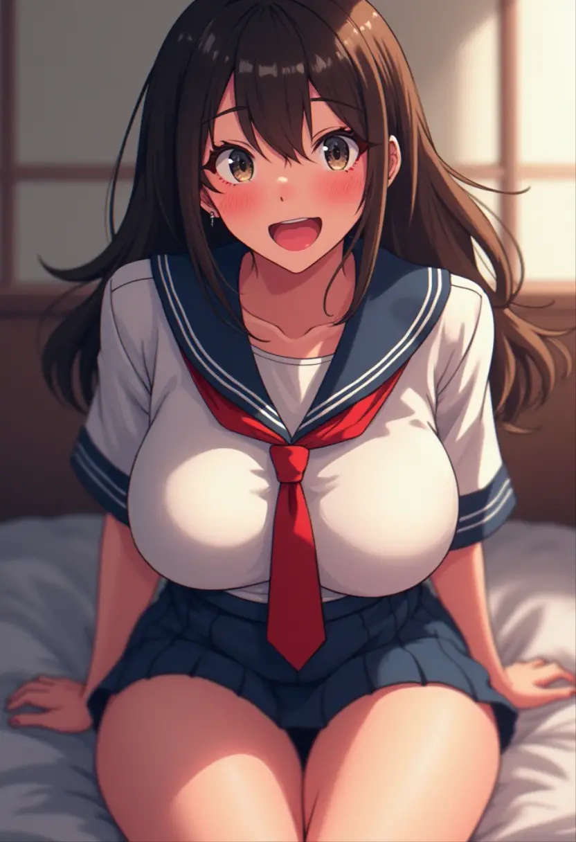 One girl, alone, Soryu Asuka Langley, From behind,
Orange Hair, Long Hair,
Tsurime, blue eyes, Long eyelashes, Thick eyelashes, View your viewers,
Open your mouth
(masterpiece, best quality), nsfw,
1girl, (1boy,hetero:1.3), vaginal sex, cowgirl position, leaning forward, clasp hands,interlocked fingers, penis, from below,pov, (reaching arms:1), (pov hands:1.3)
BREAK 5 yo, (loli:1.5), black hair, (high ponytail, medium ponytail), (curly hair:0.8), (aqua scrunchie:1.2), aqua eyes, (tareme:1.3), (huge breasts:1.2), hanging breasts,
heavy breathing, sweat, heavy breathing, smile,
blush, half-closed eyes, pussy juice
BREAK ((school uniform, serafuku):1.2), (white shirt, white sleeves, short sleeves:1.2), (navy sailor collar), (aqua neckerchief:1.2), sleeve lines, bare arms,(shirt lift:1.3),nipples,underboob,bare belly, bare ass
BREAK (navy skirt), white socks
BREAK bedroom
BREAK (man is completely nude:1.2),