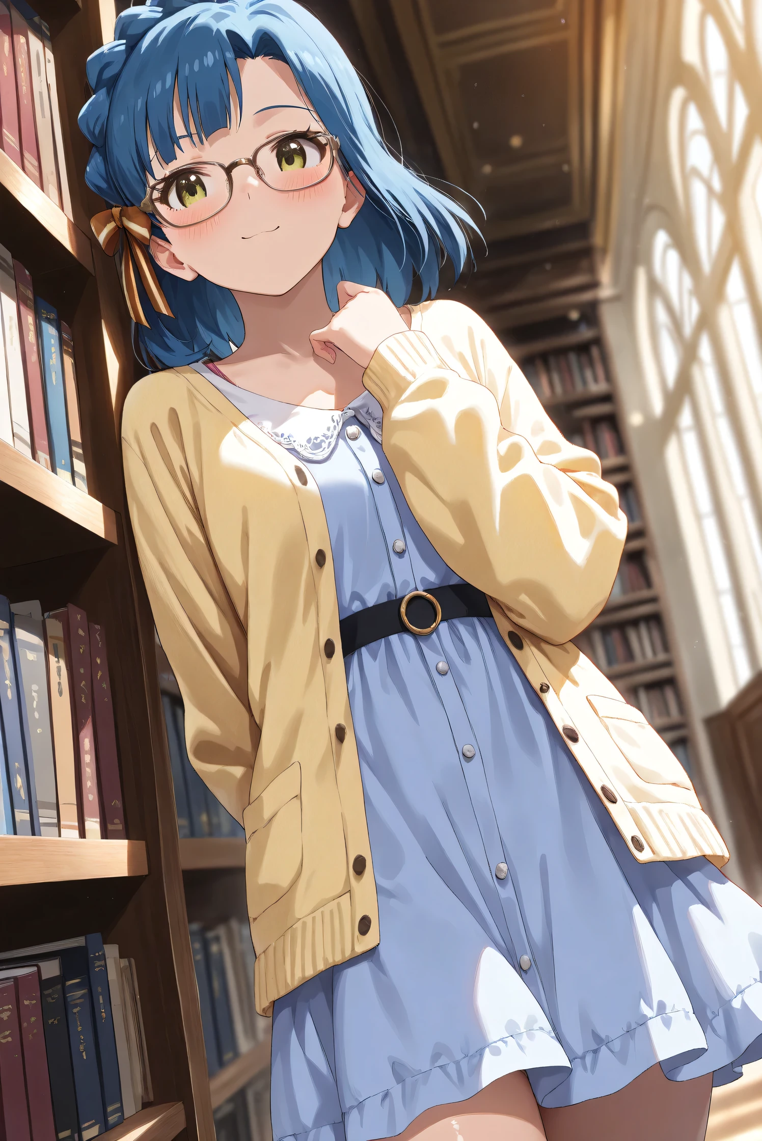 (Masterpiece), (Highest quality), (Very detailed),
(The best shape), (Best Shadow), (Absurd),
(Detailed background), (So beautiful), (Shiny),
(Extraordinary), (Countershading), (8k), (32K),
(High resolution), (Very Detailed CG), (UHD),
(Score_9), (Score_8_up), (Score_7_up),
(Source_anime), (Pastel painting:1.2),
(Watercolor painting:1.2),(Masterpiece, Detailed:1.2), (Foreshortening:1.2),
(Cinematic), (Dramatic), (Depth of field:1.4),
(Blurry background:1.4), (Realistic background:1.4),
(Dynamic angle), (1 girl), (solo),
(indoor), (evening), (Library),
(Casual wear:1.3),
(light blue one piece:1.2),
(yellow cardigan), (open cardigan),
(cowboy shot), (Focus on face), (Close up shot),
(Blush:1.3), (Smug:0.8),
(Realistic skin), (Shiny skin),
(Nanao Yuriko),
(The idolmaster million live!),
(mirishita), (yuriko), (hair ribbon), (brown glasses),