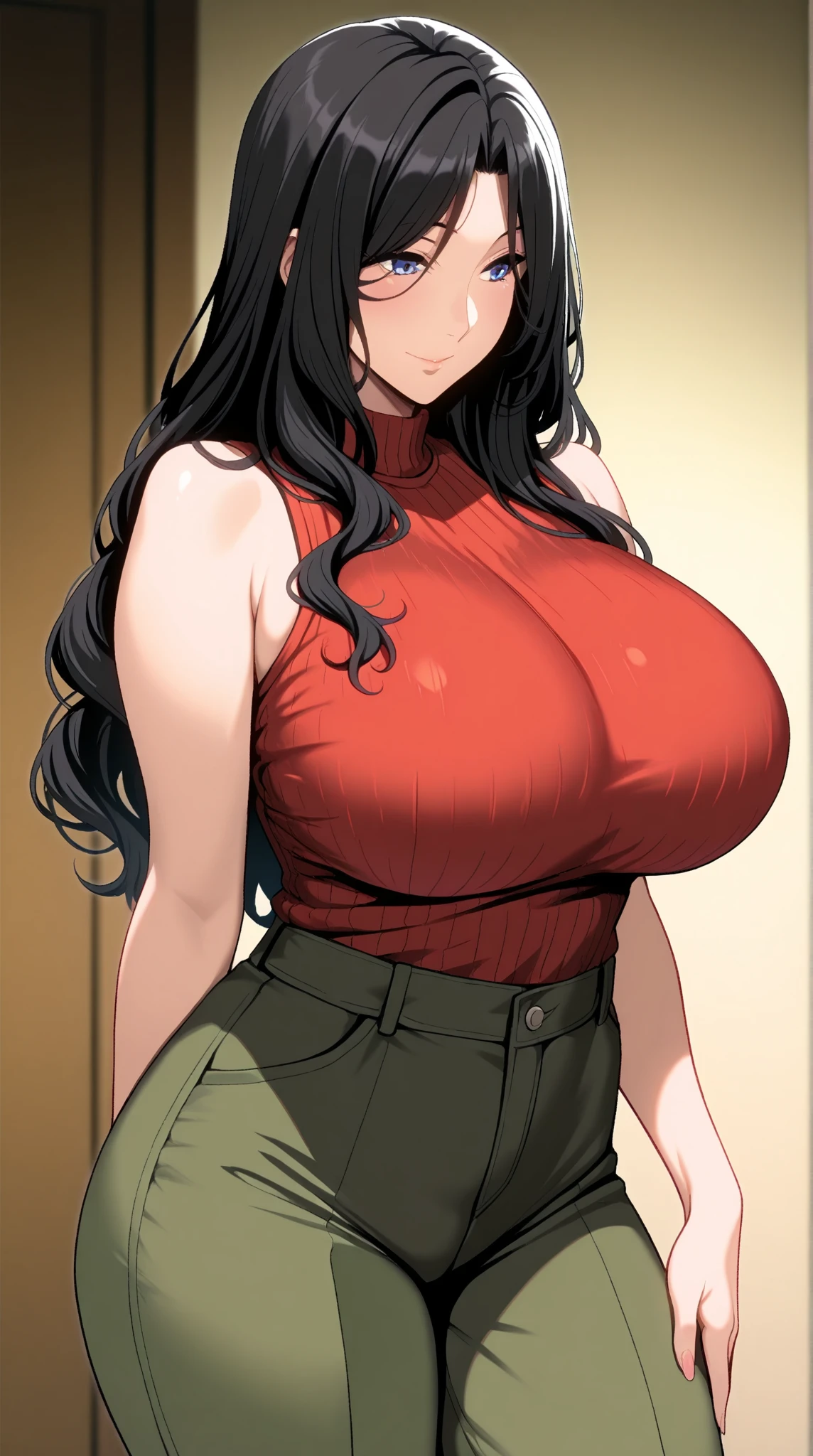 [a handsome, sexy mature woman with a seductive smile and parted lips stands against a white background. darkskin, She has sharp eyelashes, eyes browns, and long black hair with bangs. His figure is voluptuous, with a narrow waist, Broad Hips, and huge breasts. The image has an impact, Genshin-inspired style, rendered in high detail and HDR quality as a stunning work of art.]