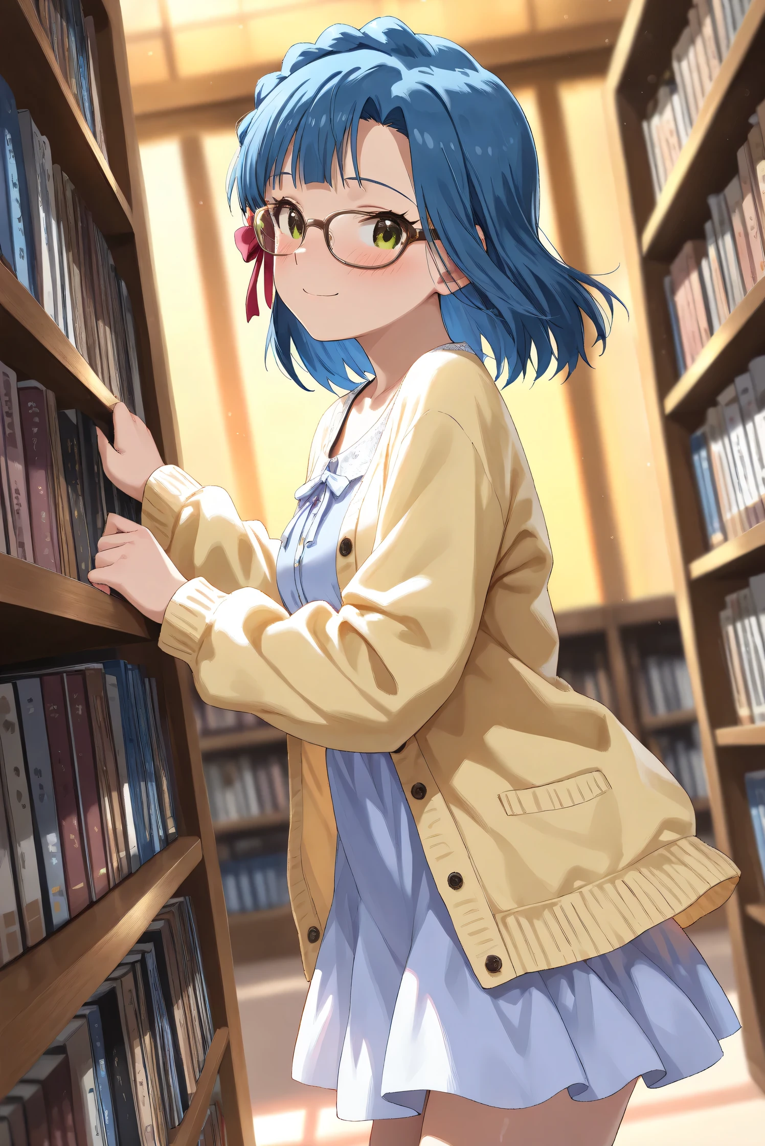 (Masterpiece), (Highest quality), (Very detailed),
(The best shape), (Best Shadow), (Absurd),
(Detailed background), (So beautiful), (Shiny),
(Extraordinary), (Countershading), (8k), (32K),
(High resolution), (Very Detailed CG), (UHD),
(Score_9), (Score_8_up), (Score_7_up),
(Source_anime), (Pastel painting:1.2),
(Watercolor painting:1.2),(Masterpiece, Detailed:1.2), (Foreshortening:1.2),
(Cinematic), (Dramatic), (Depth of field:1.4),
(Blurry background:1.4), (Realistic background:1.4),
(Dynamic angle), (1 girl), (solo),
(indoor), (evening), (Library), (from side),
(Casual wear:1.3),
(light blue one piece:1.2),
(yellow cardigan), (open cardigan),
(cowboy shot), (Focus on face), (Close up shot),
(Blush:1.3), (Smug:0.8),
(Realistic skin), (Shiny skin),
(Nanao Yuriko),
(The idolmaster million live!),
(mirishita), (yuriko), (hair ribbon), (brown glasses),