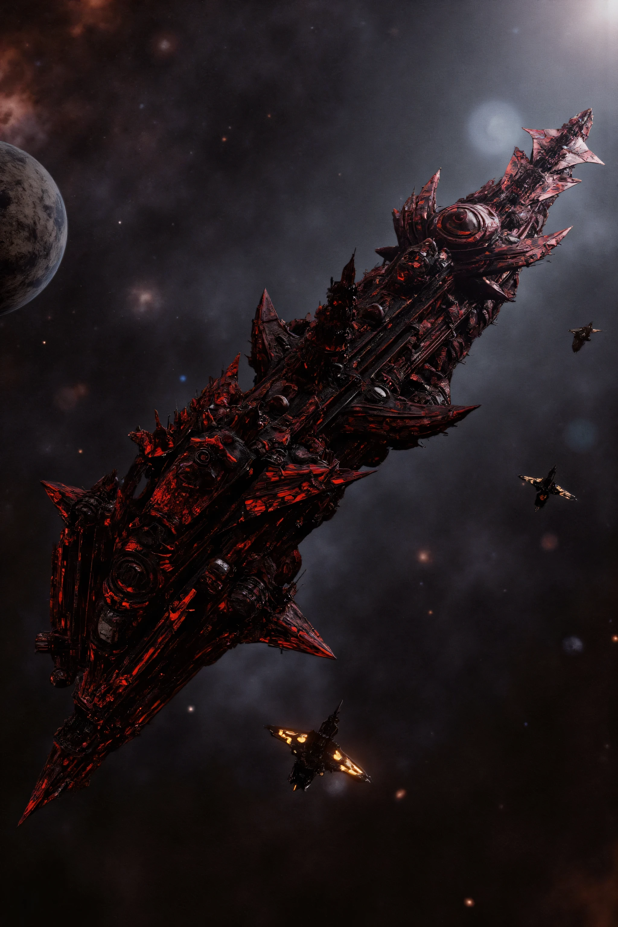 a gothic cathedral style steampunk spaceship battle carrier in outer space, black and red, orbiting a destroyed planet, with a space fighter escort, best quality, very detailed, uhd, hdr, dynamic, gritty