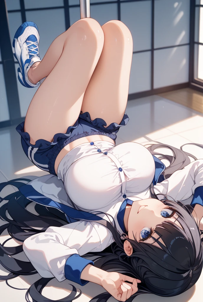 masutepiece, Best Quality,Anime, 1 little girl,((child)), (10 years old), (Small body), Full body, ((From below)), ((up skirt)), (((sailor dress))), (see through), Long Black Hair,Straight hair, (Erect), (light blue pantie),(Cameltoe), (((Sweat))),steam