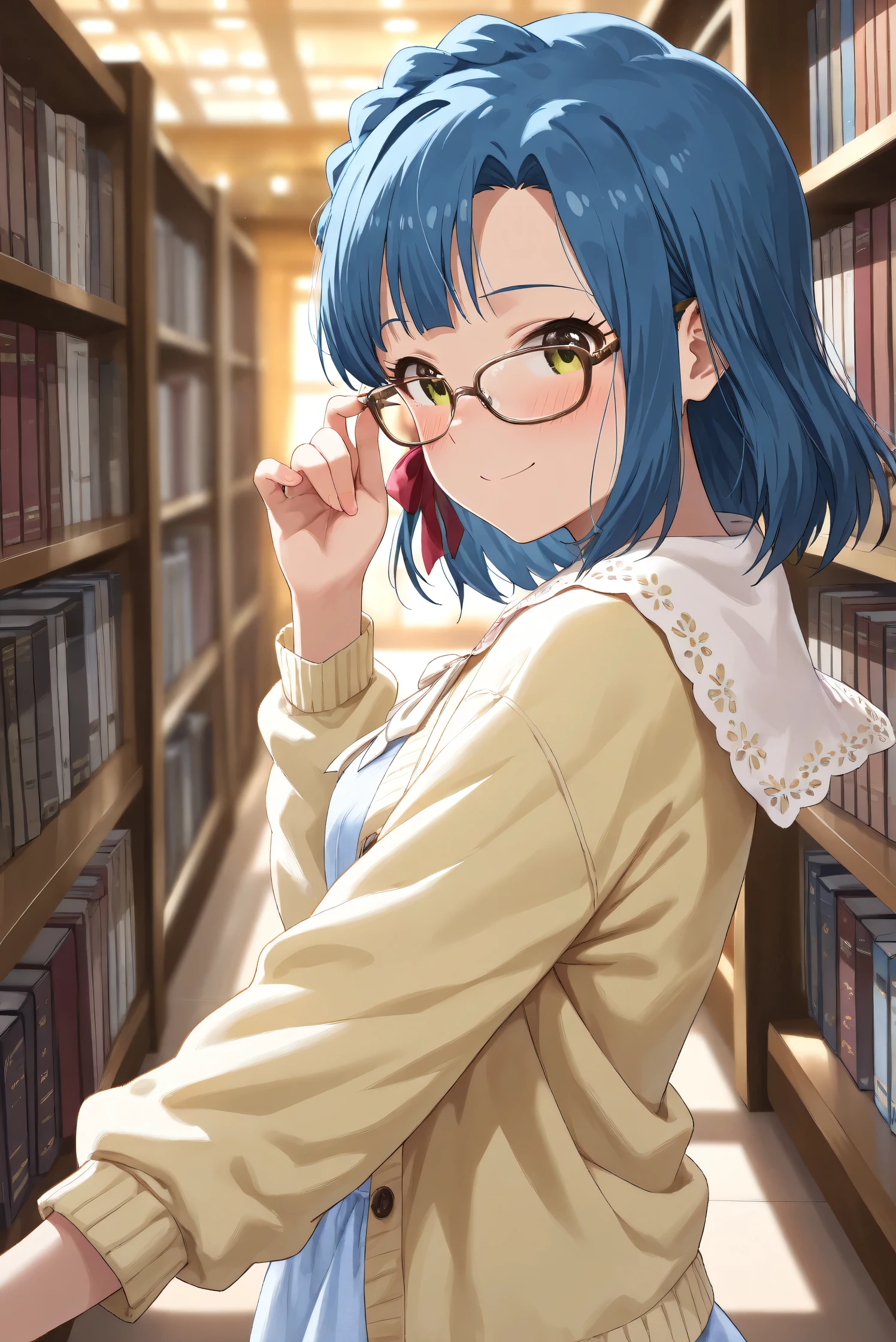 (Masterpiece), (Highest quality), (Very detailed),
(The best shape), (Best Shadow), (Absurd),
(Detailed background), (So beautiful), (Shiny),
(Extraordinary), (Countershading), (8k), (32K),
(High resolution), (Very Detailed CG), (UHD),
(Score_9), (Score_8_up), (Score_7_up),
(Source_anime), (Pastel painting:1.2),
(Watercolor painting:1.2),(Masterpiece, Detailed:1.2), (Foreshortening:1.2),
(Cinematic), (Dramatic), (Depth of field:1.4),
(Blurry background:1.4), (Realistic background:1.4),
(Dynamic angle), (1 girl), (solo),
(indoor), (evening), (Library), (from side),
(Casual wear:1.3),
(light blue one piece:1.2),
(yellow cardigan), (open cardigan),
(cowboy shot), (Focus on face), (Close up shot),
(Blush:1.3), (Smug:0.8),
(Realistic skin), (Shiny skin),
(put her hand on glasses), (looking back),
(Nanao Yuriko),
(The idolmaster million live!),
(mirishita), (yuriko), (hair ribbon), (brown glasses),
