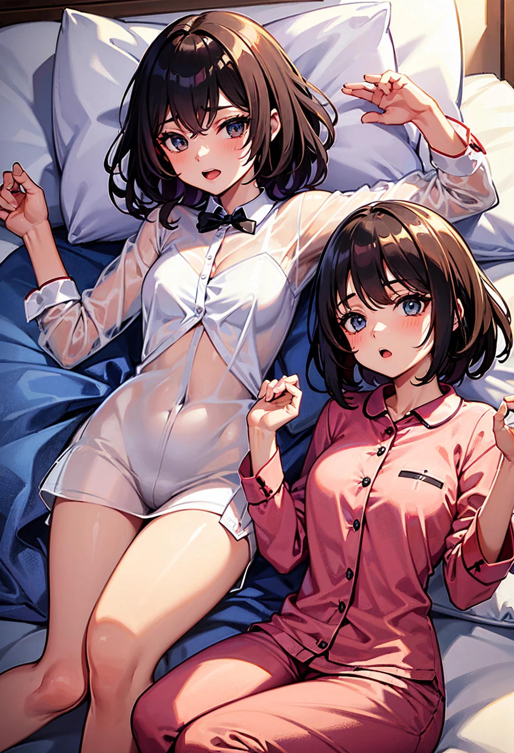 Ponytail sisters,Open-chested clothing,Hotel at night,Unbuttoned,They are hugging each other