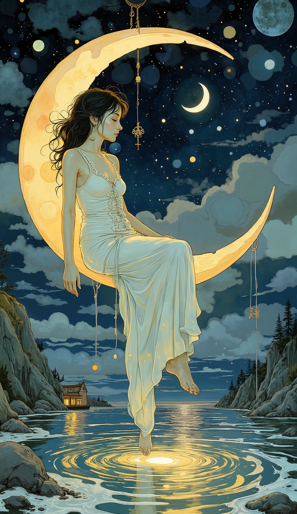 and is quietly sitting on the March moon, Vast, she floats in the sparkling sea below the night sky. Her posture is relaxed; one leg hangs down from the side、lightly bathed in the shimmering water below the night sky. It looks like they are wearing loose clothing, Long-sleeved Clothes , Probably nightgown, it creates a dreamy atmosphere. her hair is dark and disheveled, gently swings in the invisible breeze.
The colors of the scene are dominated by deep blue and golden colors, It reflects the contrast between the night sky and the shining moon and sea. twinkling stars scattered in the sky, enhances the ethereal texture of the artwork. the water below reflects the moonlight, creates a pattern where the yellow light ripples、A scene that enhances the magical atmosphere of silence. The overall style is whimsical and picturesque, evokes a sense of quiet wonder.