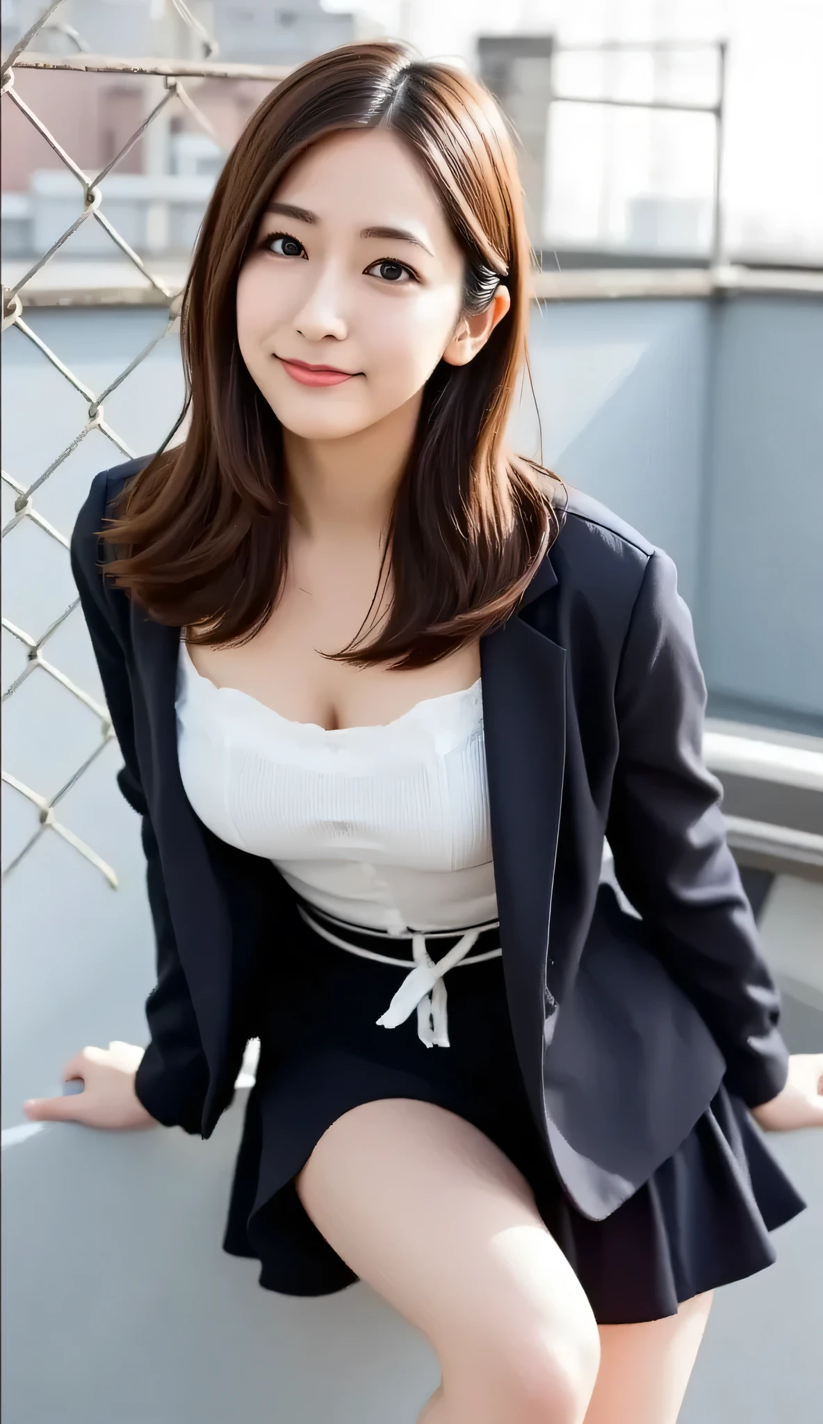 ((nsfw:1.2)),最High Quality、High Quality、Highest image quality、8k、最high resolution、high resolution、最High Quality、Masterpiece、far and close、detailed and realistic human body、 Fine and realistic skin 、realistic face with open black legs in every detail、detailed and realistic human body、 detailed and realistic lips、 detailed and realistic teeth、Realistic Ears、Real, Exquisite Hair、 fine and realistic arms 、detailed and realistic human body、Extremely realistic fingers 、( beautiful hands 、thumb1reference4)、 realistic feet down to the smallest detail、(( Beautiful Japan ))、(Japanese Model), (Japanese woman)、(( 18 Year Old Beautiful Girl )), ((nsfw:1.2)), ((1girl, school uniform, sitting, panties)),((sitting, panties, from below)),uniform, (Grey sailor suit), white long sleeve, gray pleated skirt, 黒 school ankle socks, loafers,small panties ((Black lace fabric、low leg side tie panties)),rooftop, chain link fence, Portrait, (woman posing for a photo),(faint smile:0.7), Rating_Explicit,(full body:1.2)), foot, from below,(skirt lift:1.2), Show Panties, ((Panty shot)),buttの焦点, butt, squatting, panties side,(((camel toe:1.4)))、footが開いている、開foot((footの間からパンティーが見える、black sexy panties))((Black Panties:1.2)),((Black Panties, )),((Black Pantiesを見せつける))