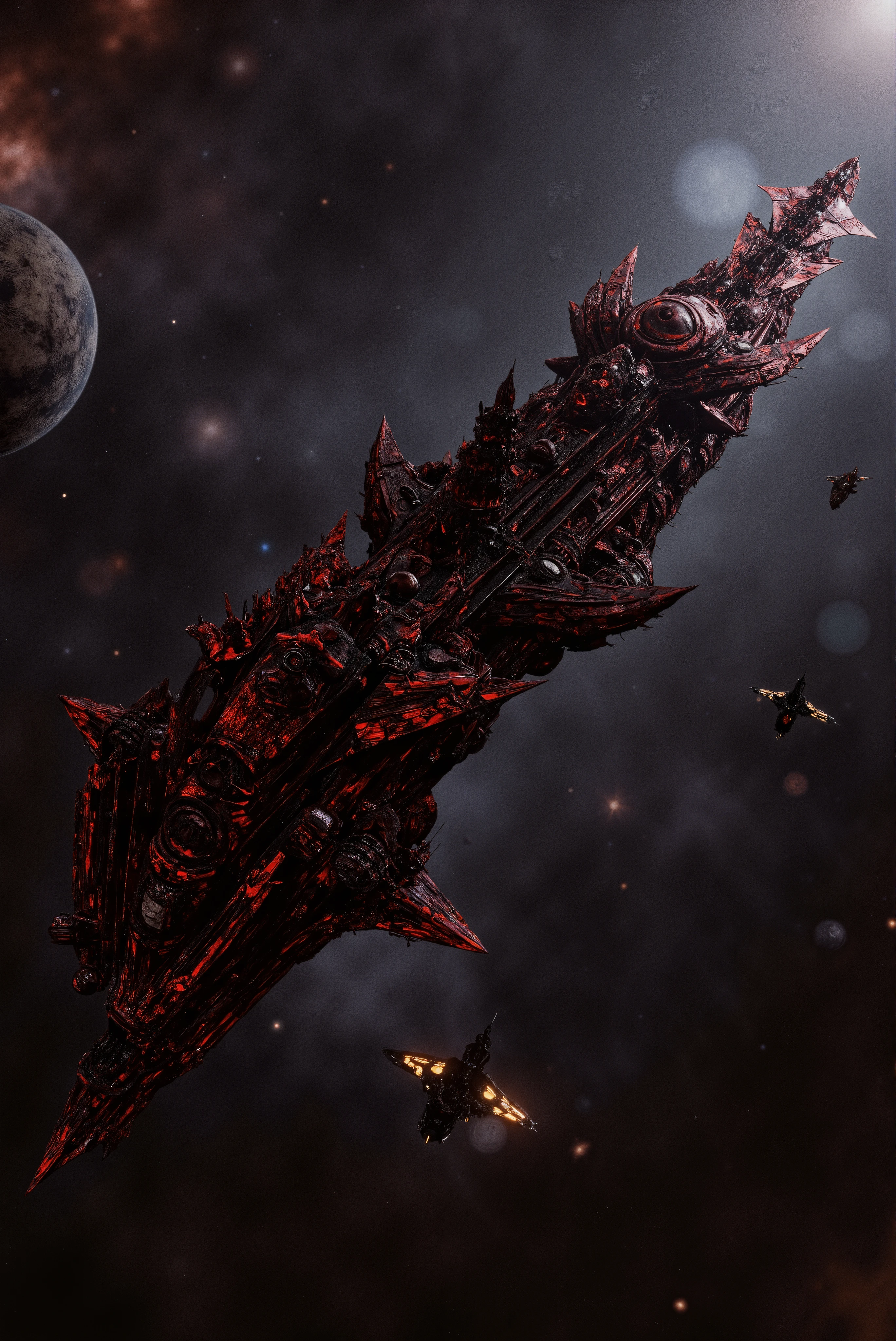 a gothic cathedral style steampunk spaceship battle carrier in outer space, black and red, orbiting a destroyed planet, with a space fighter escort, best quality, very detailed, uhd, hdr, dynamic, gritty