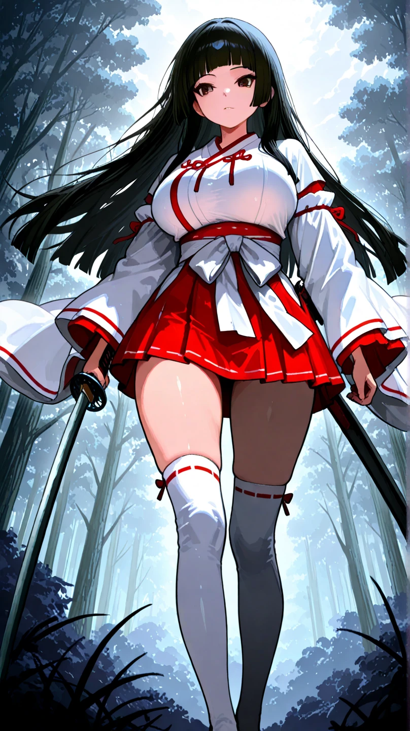 long hair, brown hair, (dark skinned female), (nun), big breasts, Big ass, Deer antlers, heavy body, large body, venus body, red blush, stockings, winter forest background, small sword, gold decoration,