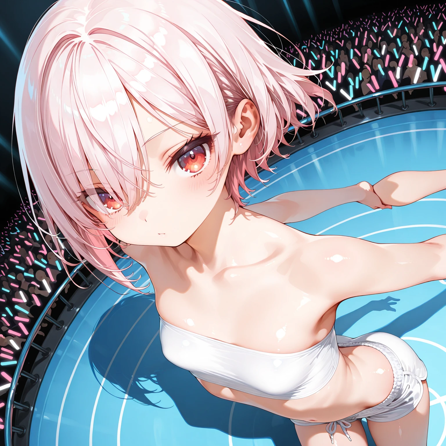 (masterpiece:2.0), (highest quality:2.0), (swimming naked on the beach:1.5), (extremely small see-through thong microbikini:1.5), (super sexy pose:1.5), (look up from below:1.5), (perfectly exposed shoulders:1.5), (perfectly exposed nape:1.5), (blushing face:1.5), (cover your chest with your hands:1.5), (spilling boobs:1.5), (realistic:1.5), 1 very cute girl, precise small hands, You look embarrassed when you look at me, light smile, innocent face, young face, clear eyes, shining eyes, small breasts, side boob is visible, shoulder is visible, cleavage of the breast is visible, no pubic hair, dynamic posing, beautiful skins, ultra-definition, Top resolution, Japanese high school student, pink hair