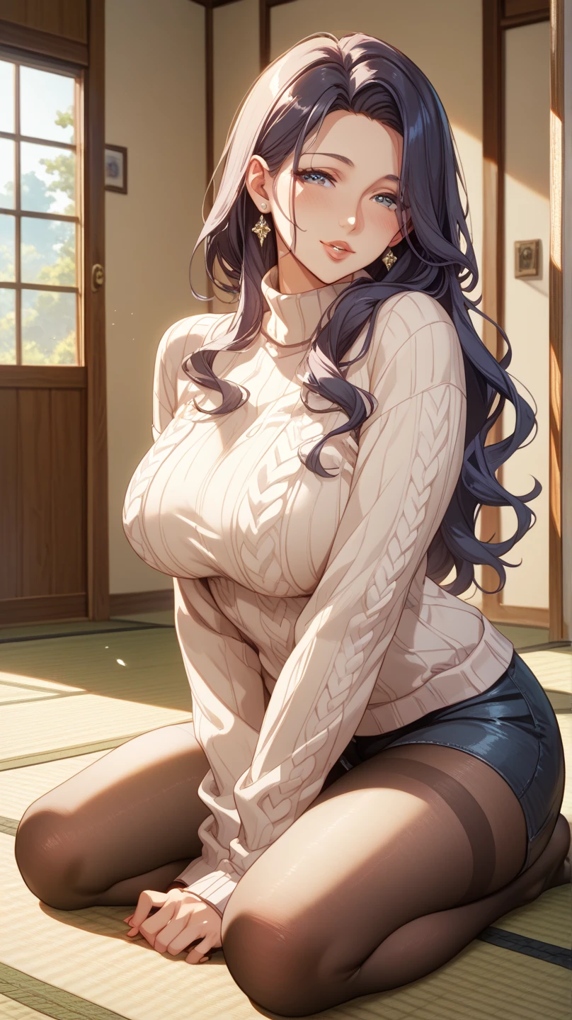 (table top, highest quality, High resolution, , perfect pixel, 4k,), 1 girl, single, alone, Beautiful woman、I could see the whole body、 ((wavy middle hair, bangs, brown hair)), ((brown eyes, beautiful eyelashes, realistic eyes)), ((detailed face, blush:1.2)), ((smooth texture:0.75, realistic texture:0.65, realistic:1.1, Anime CG style)), medium breasts, dynamic angle, perfect body, ((, female teacher, , earrings、necklace、white turtleneck sweater、Tight Skirt、black knee high stockings、open both legs wide、胸の谷間にnecklaceを挟む、shy smile)), upper grade、、、evening、stand on the podium、stick out your butt、、Close your chest with both arms、(、show me your pink lace panties、)、