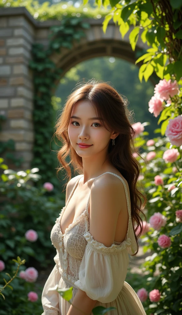 "Imagine a supermodel in the midst of an ethereal photoshoot, surrounded by a breathtaking sea of flowers. She stands poised and elegant, her presence commanding attention amidst the vibrant colors and delicate petals.
Her attire is a flowing, couture gown that seems to blend seamlessly with the blooms around her, accentuating her grace and sophistication. The gown is adorned with intricate floral patterns that mirror the surrounding blossoms, creating a harmonious visual symphony.
The soft light of the golden hour bathes the scene, casting a warm, almost magical glow over everything. Petals flutter gently in the breeze, adding a sense of movement and life to the setting. The model’s expression is serene yet powerful, her eyes captivating the lens with a gaze that speaks of confidence and allure.
In the background, the lush garden stretches out, filled with an array of flowers in full bloom – roses, peonies, lilies, and more, creating a vibrant tapestry of colors and textures. The air is fragrant with the scent of fresh flowers, enhancing the dreamy atmosphere.
This image captures the essence of beauty, elegance, and nature intertwined, creating a stunning visual feast that celebrates the art of high fashion and the timeless allure of flowers."super fine body, super fine face, super fine eyes, super fine nose, superfine mouth, super fine hands, super fine fingers, good shape, very perfect body, very perfect face, very perfect eyes, very perfect nose, very perfect mouth, very perfect hands, very perfect fingers, super detailed body, super detailed face, super detailed eyes, super detailed nose, super detailed mouth, super detailed hands, super detailed fingers, super high quality, professional photographer's shots, raw photo, very beautiful girl, super model, super realistic, Photo taken using a Kodak analog camera, 90s photo, 90s camera, brown eyes
