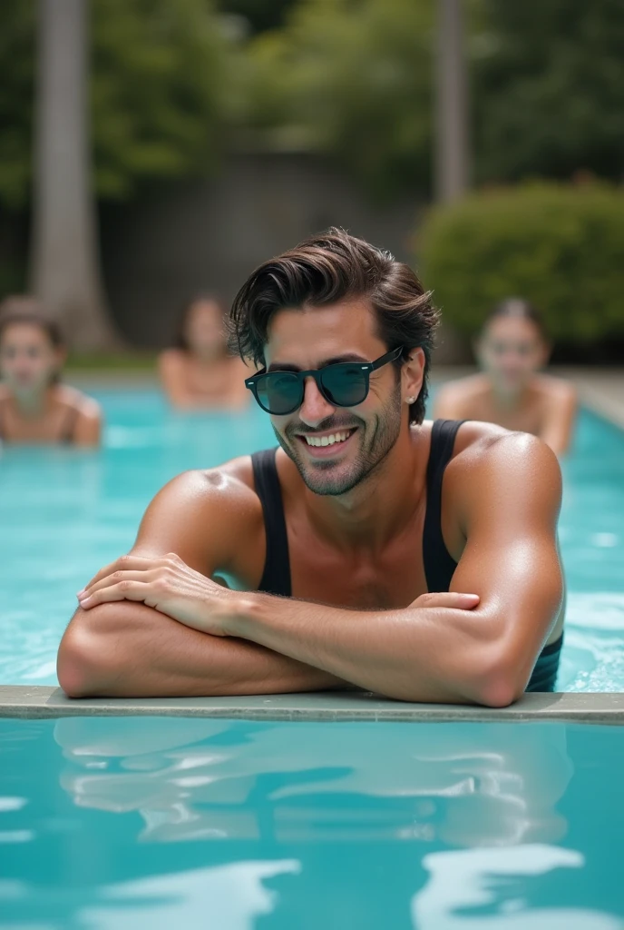 ((best quality)), ((masterpiece)), (detailed), perfect face make a picture of a strong guy named leo and five naked women, with huge and delicious butts in the pool