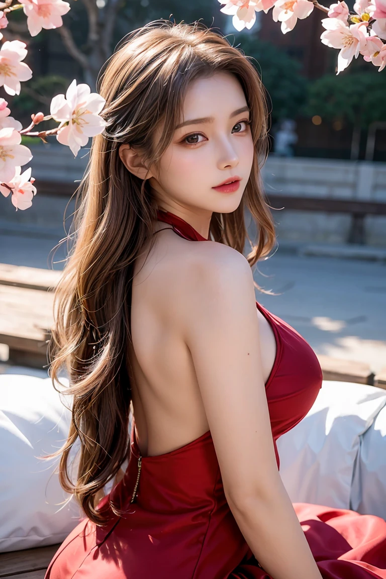 1 girl, ((8k, raw, masterpiece: 1.4)), (Professional photography, sharp:1.2), ((half body photoshoot)), Perfect dynamic composition, (Natural sun light), (soft shadow), (Perfect body:1.4, slim abs:1.2), (huge round breasts:1.6), (((black medium hair))), Ultra-detailed faces and skin, perfect asian, White skin, (Delicate skin:1.4), (latex skin:0.4), (perfect glowing skin:0.6), light brown eyes, beautiful eyes, round eyes, pretty face, blush, glossy lips, high nose bridge, glossy eyes, Perfectly proportioned face, Really moist skin, Refined expression, Smile gently at the camera, looking at camera, Refined expression, Elegant necklace, Elegant earrings, minimalist, ((wear red shirtdress))