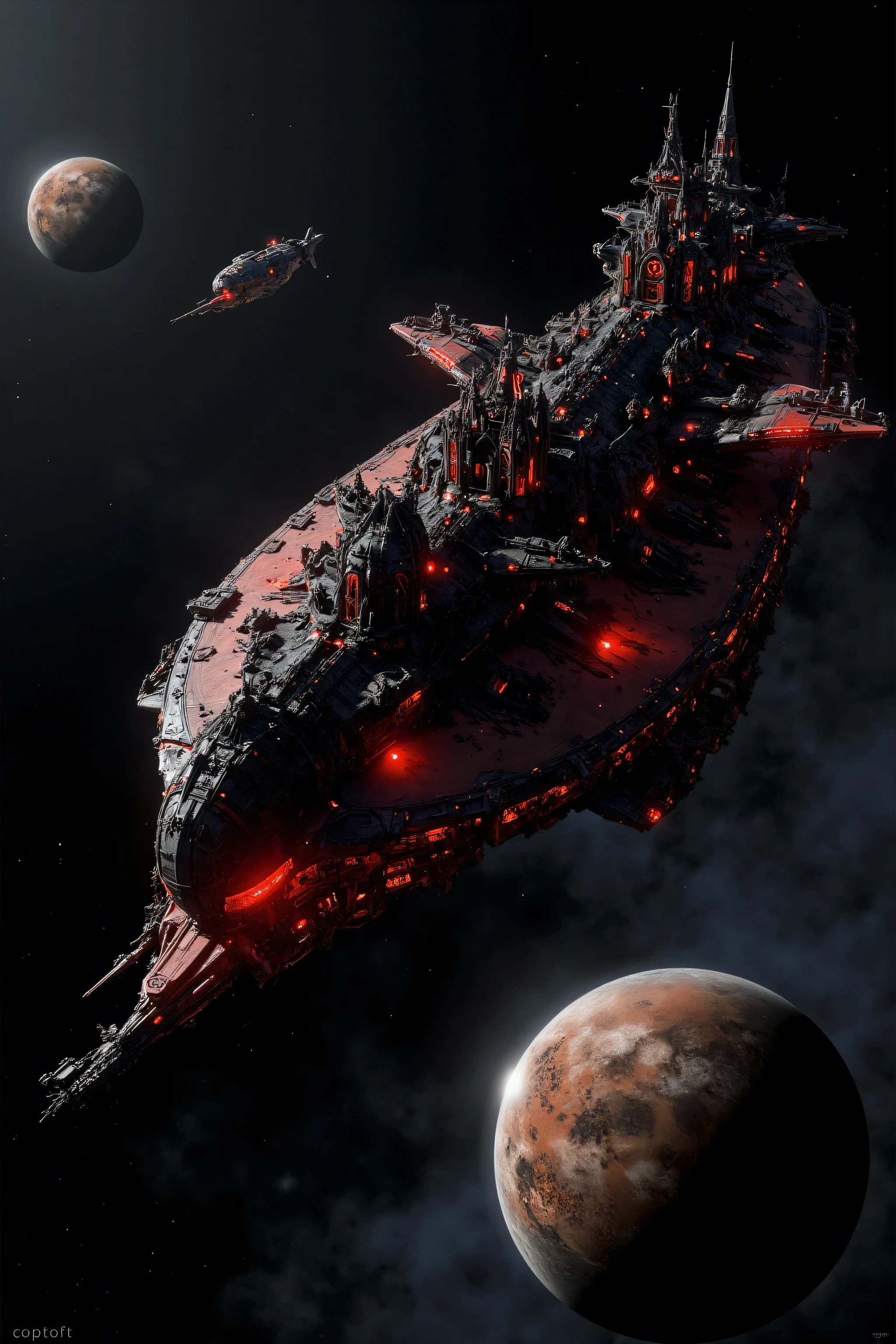 a gothic cathedral style steampunk spaceship battle carrier in outer space, black and red, orbiting a destroyed planet, with a space fighter escort, best quality, very detailed, uhd, hdr, dynamic, gritty