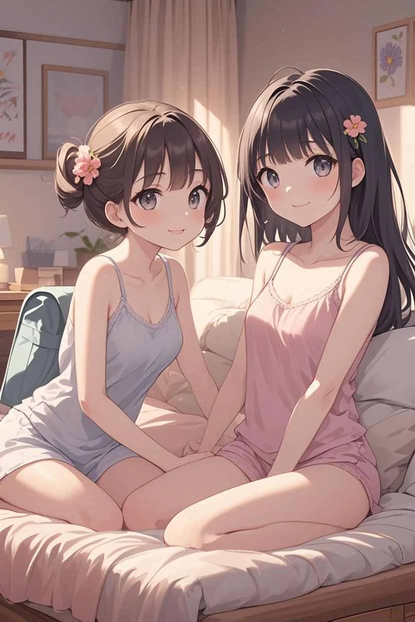 realistic, 2girls, ((selfie)), brown eyes, body close together, looking up, mouth wide open, smiling, face extra large zoom, sitting on bed, sexy, (bare shoulders), (covered nipples), (camisole), (lace-trimmed), (shorts), (dolphin shorts), (small breasts)