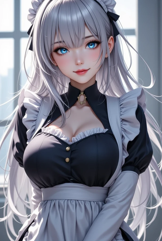 (top quality、masterpiece、very high resolution、Ultra high quality、High quality pixels)、perfect eyes, perfect face, alone，8k, Big breasts，(Detailed description of hair), (Detailed description of face),(detailed description of body), Fair and translucent skin, gorgeous, long legs, facing the audience, Professional photography lighting，white hair, bear ear, blue eye, cleavage, ssmile, maid costume