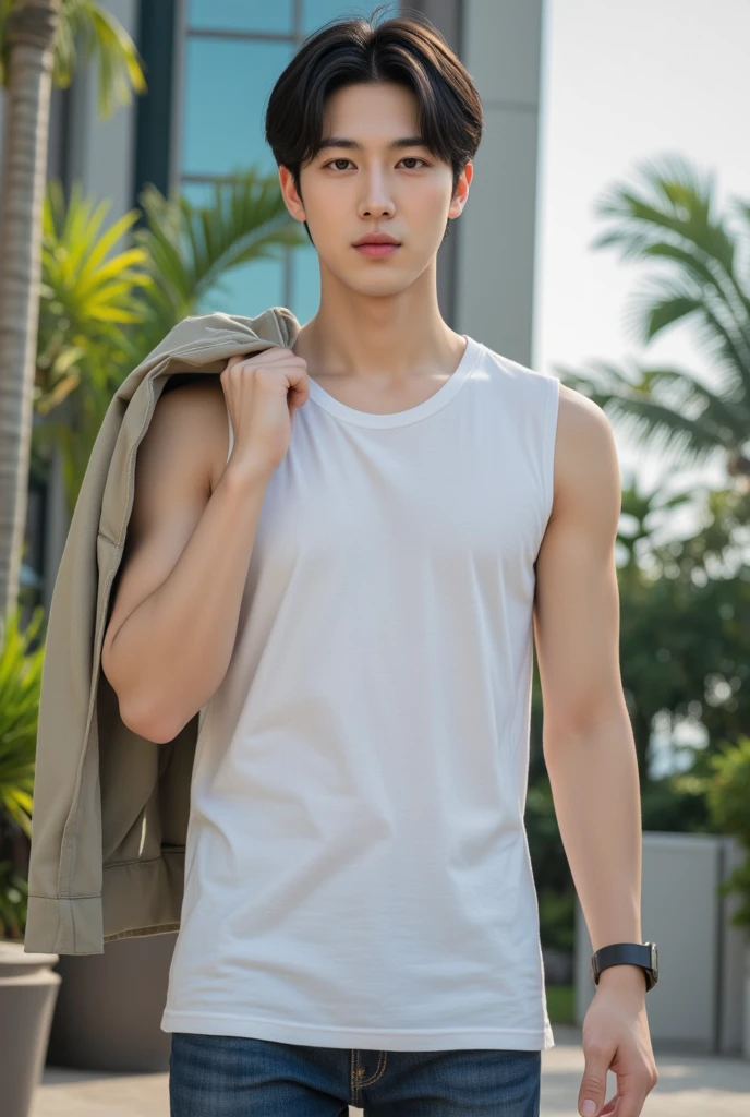 A handsome, muscular young Asian man looks at the camera. In a simple t-shirt white and red , Fieldside, grass, beach, sunlight