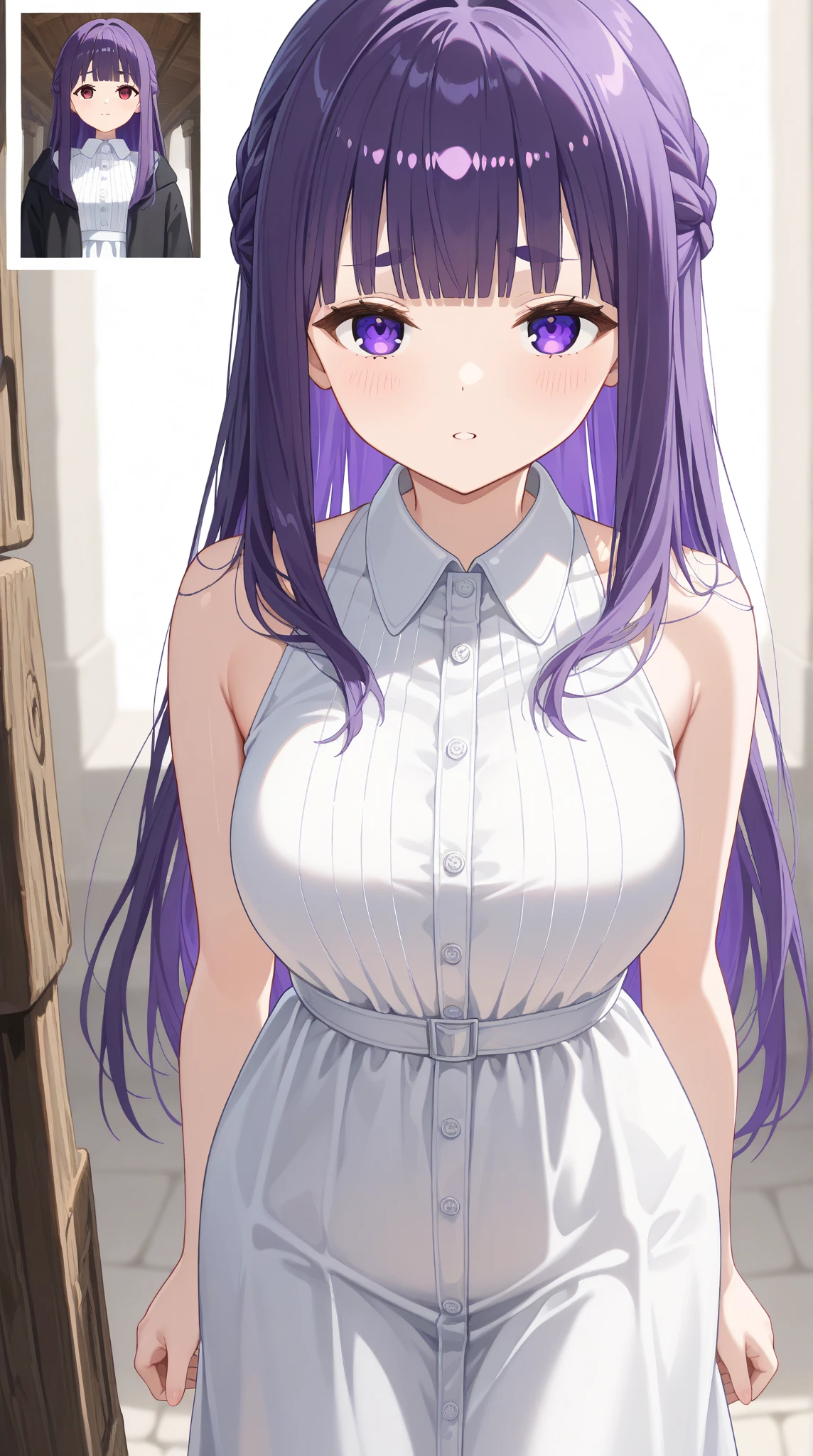 masterpiece, best quality, highres, aafern, long hair, purple hair, blunt bangs, purple eyes, large breasts, <lora:fern_(sousou_no_frieren)_v1:0.7>, sweater, high-waist skirt, casual, turtleneck, sleeveless, street, standing, night, standing