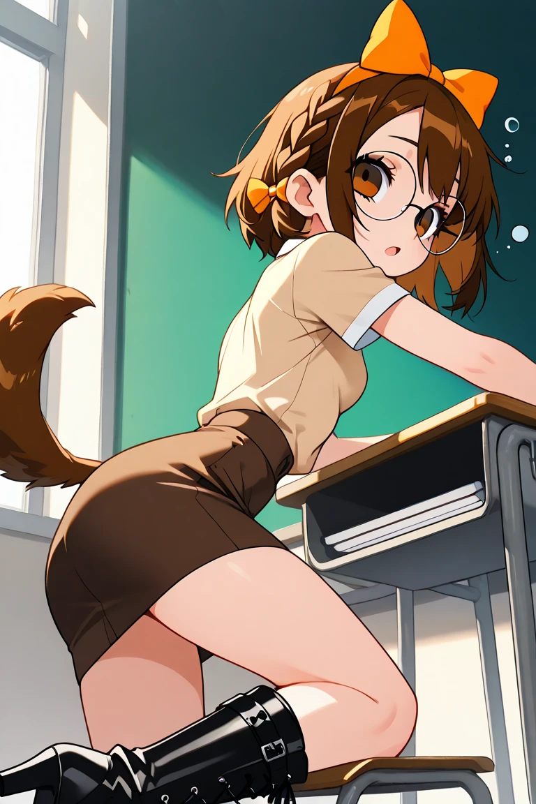 Shy very sweaty deer girl pulling down on her short skirt , embarrassed, big sweaty butt, stiting on table
