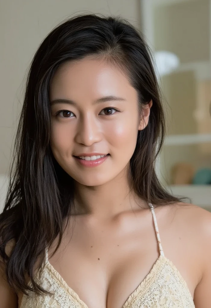 high quality, In 8K, Masseter muscle area, Lifelike, Sharp focus, high quality, High resolution, Detailed face, Detailed thick eyes, Thick lips, sweaty shiny skin:1.5, wet hair, solo, Middle-aged women, 5, Wavy long Hair, Cleavage, Wearing a plain sports bra, Background Blur, in room, Wrinkles around the eyes, Toothy smile