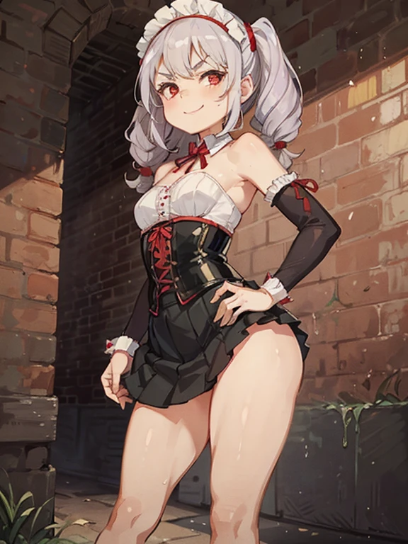 Young girl with grey hair, ((fringed and curly hair)),((curly short twintail)), curly hair ,(red eyes),, ((small bushy eyebrows)), wearing gothic lolita clothing, lolicon , to school, bored eyes, bored face (Zankuro) drawing style by zankuro artist, Zancrow style, image uploaded in R34, walking in the mall, flirty smile , suddenly ((having sex)) in public, ((doggy style sex)), ((public sex )) naked ass in the male crotch, old man , ((being raped by a decrepit old man in a dirty alley, ((male pov))