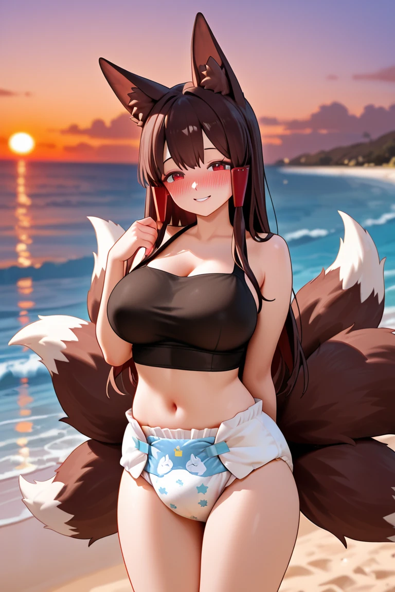 masterpiece, highest quality, High resolution, aamikoto, Long Hair, Exposing shoulders, Swimwear、Jumping, Outdoor,barefoot,Looking up,Embarrassed face,Sweating,Eyes on my nose,Looking at the audience,It is twitching slightly,Mouth open and tongue out,Wearing a collar、Cat-like、A very happy face、Angle from below、Big Breasts