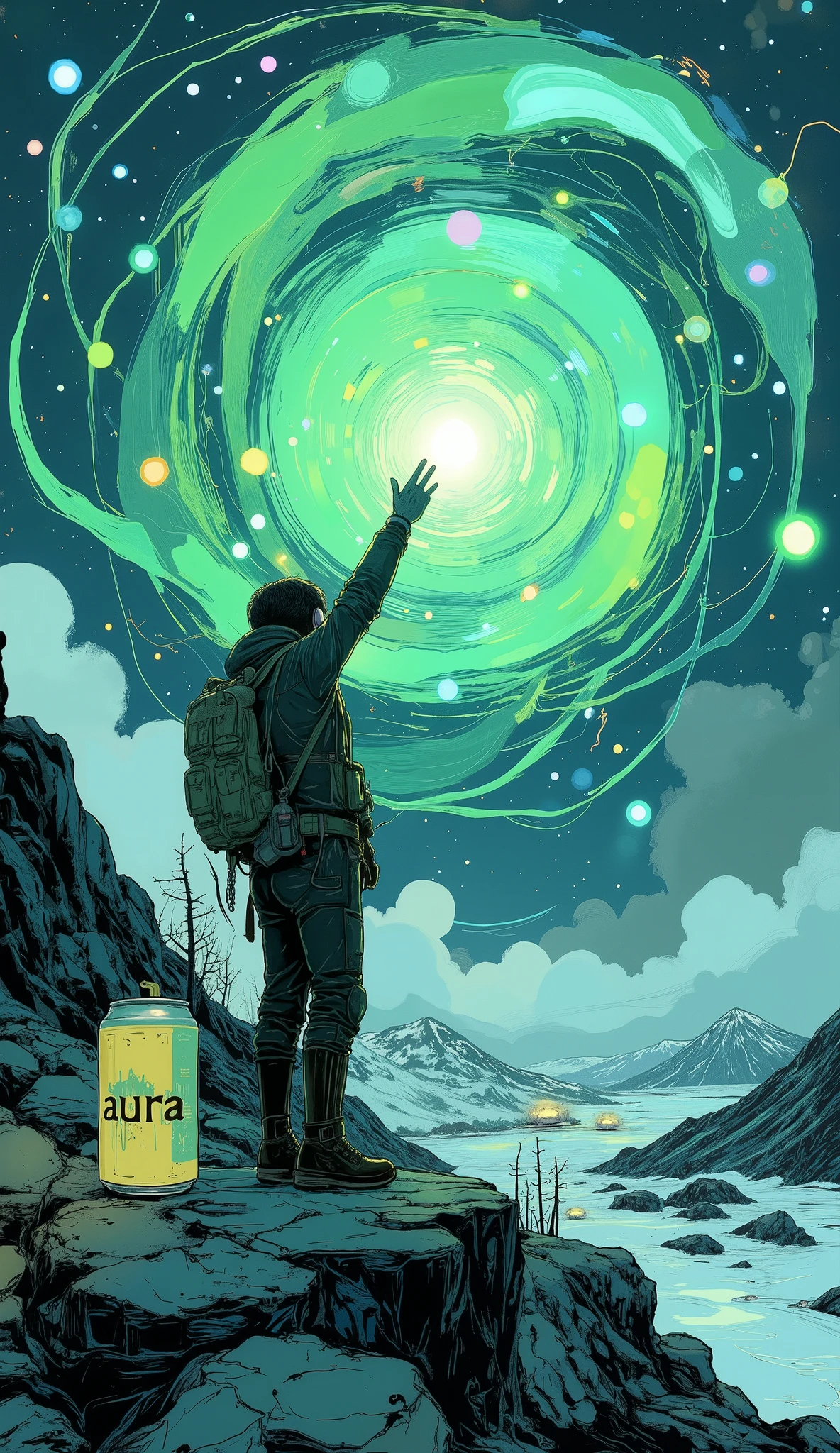 and, their silhouettes、suggests interaction or creation with phenomena like auroras {x} clearly drawn against a dynamic vortex of color enveloping the scene. the atmosphere is electric, bright green and blue hues dominate、this scene is surreal pulsating with energy, one person standing on a rough terrain. , Shrouded in darkness, uncharacteristic clothing suitable for outdoor exploration, extending upward with one hand, like touching the swirling energy in the sky、are dominant. Their attitude is、seamlessly blending into a turbulent canvas. an open can is placed next to them, The words are written "Aura," captures a frozen moment in a world where art and reality merge. evokes the chaotic beauty of natural forces, suggests awe and connection to a vibrant scene.