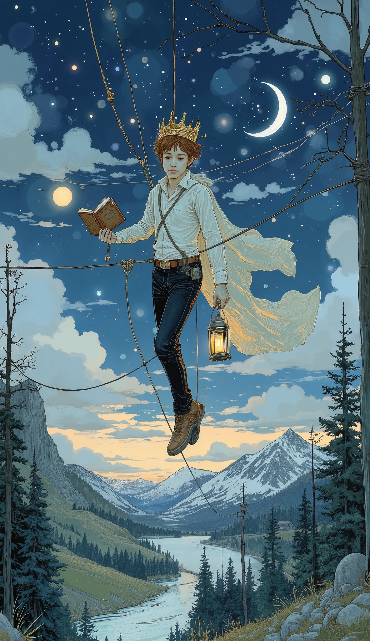dreamy, A fantastic scene with a twilight sky in the background, The young person is deep and vast Crossing a rope gracefully. This number, probably , teeth、loose, A white shirt and black pants fluttering gently in the breeze in the sky. 頭の上にteeth金の王冠がある, It suggests an atmosphere of whimsical royalty and imaginative adventures.
On your left, 彼teeth本を握りしめている, Placed nearby as if they were a source of wisdom and magic. 右手にteeth輝くランタンを握っている, Its warm light casts a gentle glow on the cool blue and purple of the surroundings of the night. 空にteethきらめく星と三日月が点在している, adding to the magical atmosphere.
下の風景teeth荒い筆致と影の色調で描かれている, adding depth and intensity to the piece. 全体的な雰囲気teeth静謐な驚きに満ちている, It's as if the character is embarking on a night trip into the abyss of a dream.