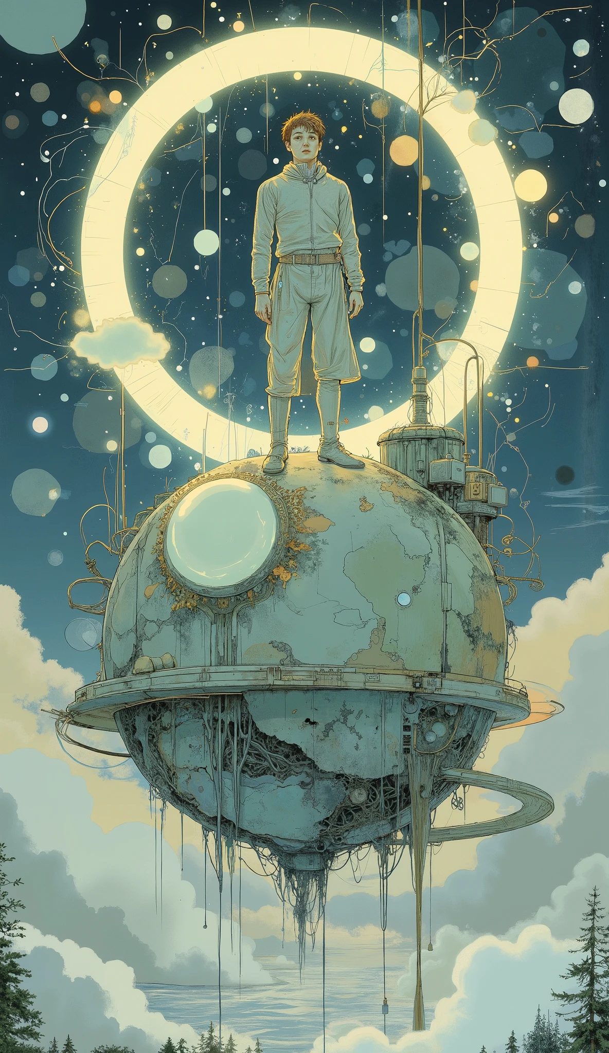 Illustration of a person standing on a sphere surrounded by a circle, By Cyril Rolando, inspired By Cyril Rolando, Cyril Roland's style , just a joke , BeepleとJeremiah Ketner, Cyril Rolland and Goro Fujita, Beeple and James Jean , Shinkai Makoto Cyril Roland