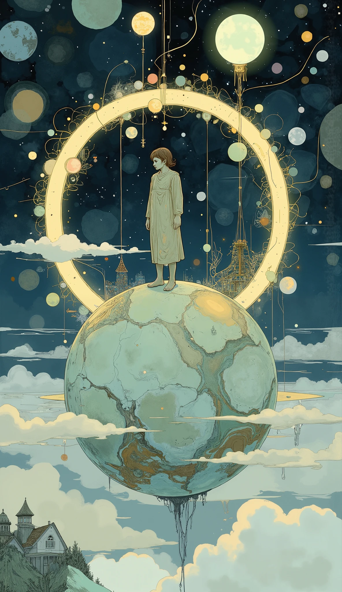 Illustration of a person standing on a sphere surrounded by a circle, By Cyril Rolando, inspired By Cyril Rolando, Cyril Roland's style , just a joke , BeepleとJeremiah Ketner, Cyril Rolland and Goro Fujita, Beeple and James Jean , Shinkai Makoto Cyril Roland