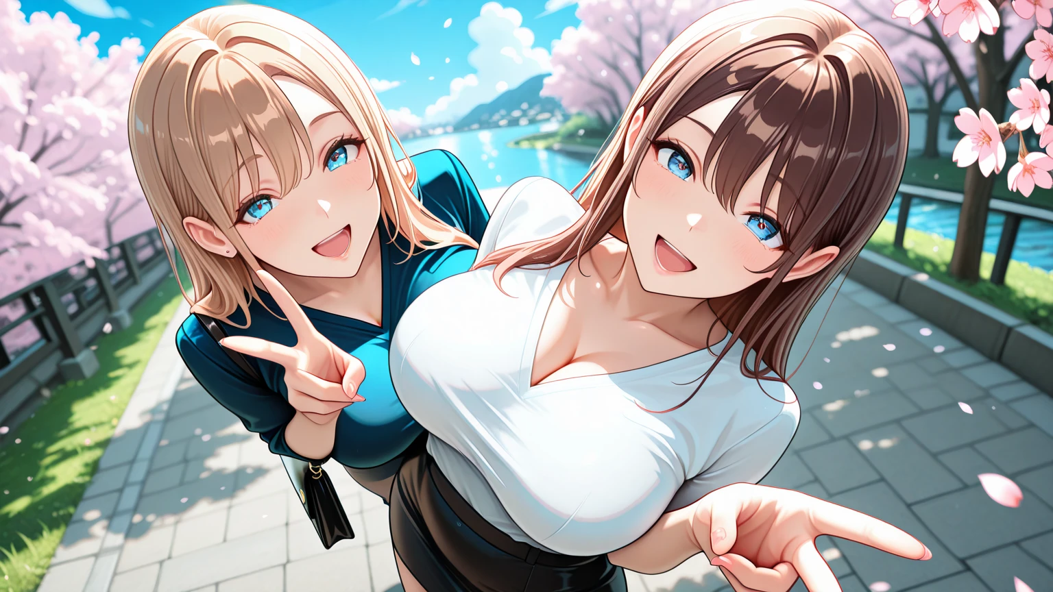 ((1 woman and 1 man)), Beautiful Face,(Two people taking a selfie on a smartphone),Laughing embarrassedly,Sweat on the face,Glossy pink lips,Daytime,Meet at the station platform, ((Anime style background)),masterpiece, highest quality, so beautiful, up to date, Complex details, (Pink long nails),AI-generated, Complex,High resolution, highest quality, super high quality,3D Images、View the viewers、3D Images,one person,Long Blonde Hair,High Ponytail,blue eyes,Anime woman posing for a photo, [[Fine grain、Colorful eyes、Shining Eyes:1.15]],a hyperRealistic , hyperRealistic , Realistic,Blonde anime woman with long hair, Smooth anime CG art, A woman in a gold embroidered kimono, (Yellow kimono),Pink floral pattern,Long flower hair ornament,Big earrings,(Large Breasts:1.2),Mature Body,tall,Big Ass,Fine details,Narrow waist,Six-pack,Photographed from the front,The man has medium length black hair and wears a navy blue yukata.