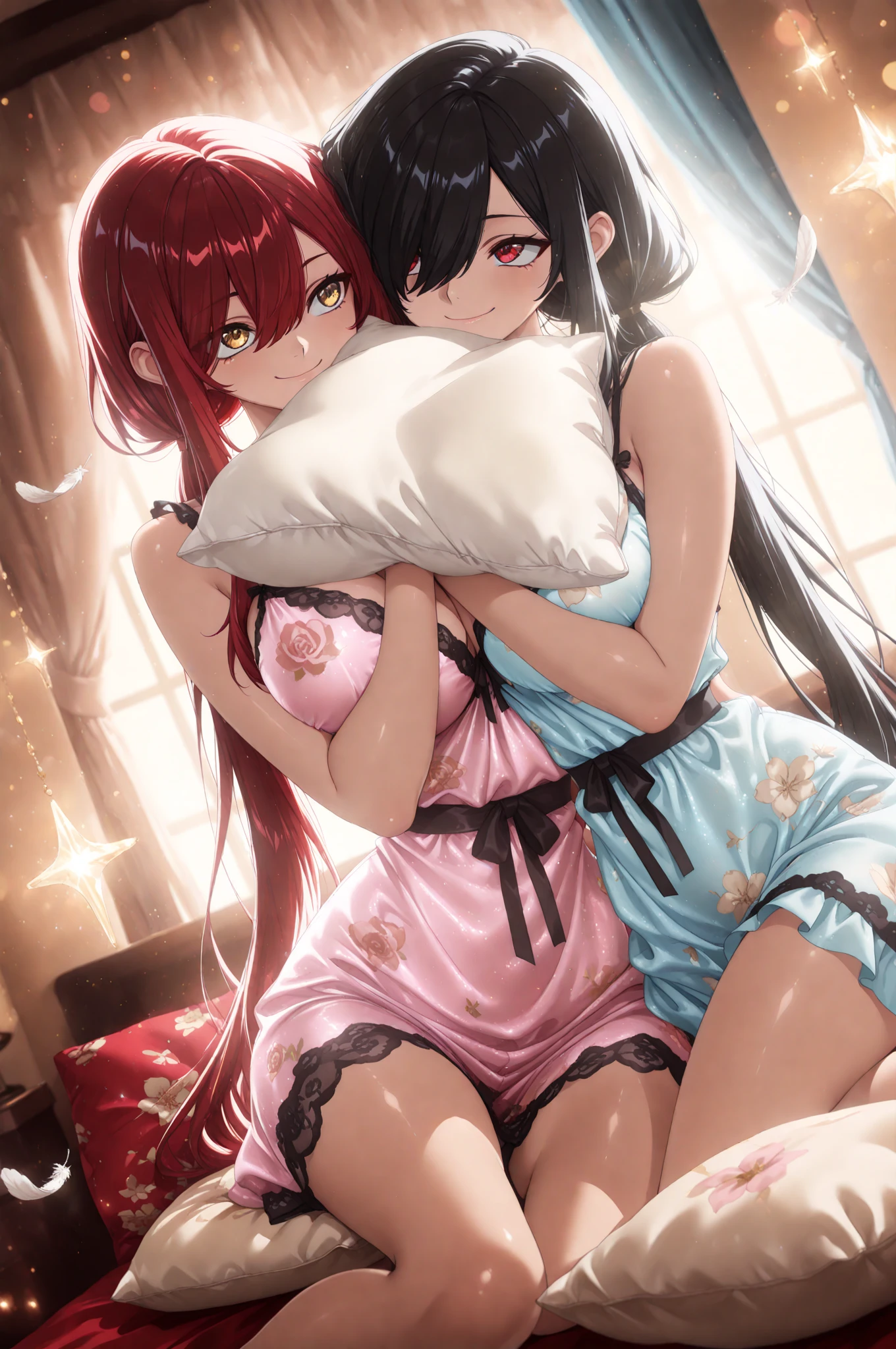 2girls,cute black hair and black eyes girl,cool red hair and red eyes girl,under wear,on the bed,hug