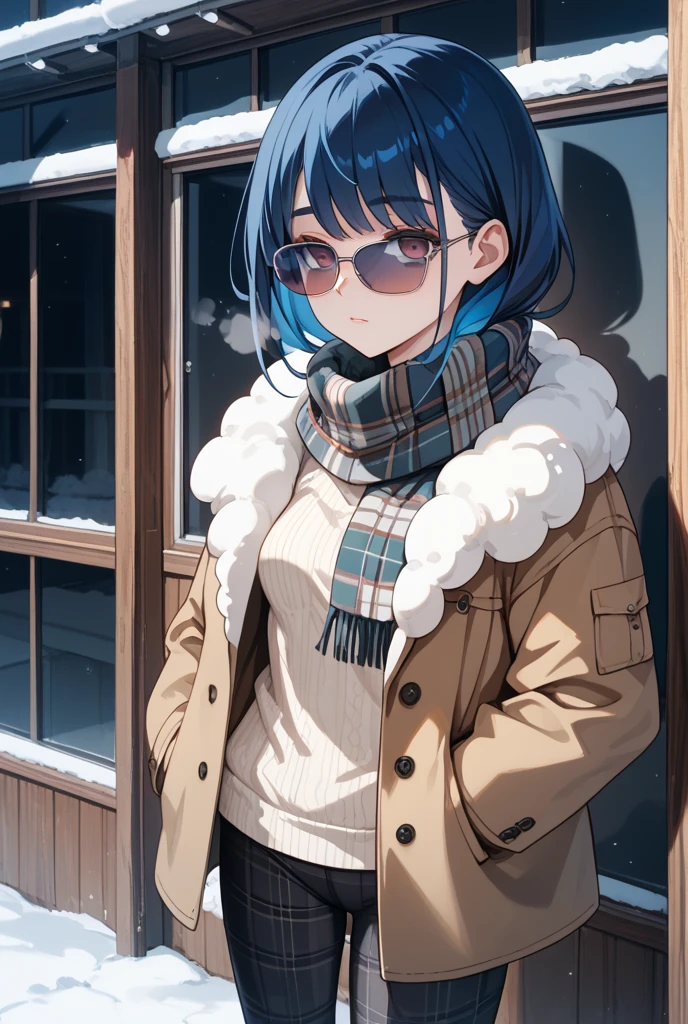 (masterpiece), 1girl, best quality, expressive eyes, perfect face, (huge breasts), short hair, blue eyes BREAK light blue hair BREAK side cut, red glasses BREAK ((mature woman, mature female)), (GILF), outdoors, upper body, standing, snow, day sky, cloudy sky, snow trees, red sweater BREAK blue skirt, pantyhose, smile, looking at viewer, closed mouth,