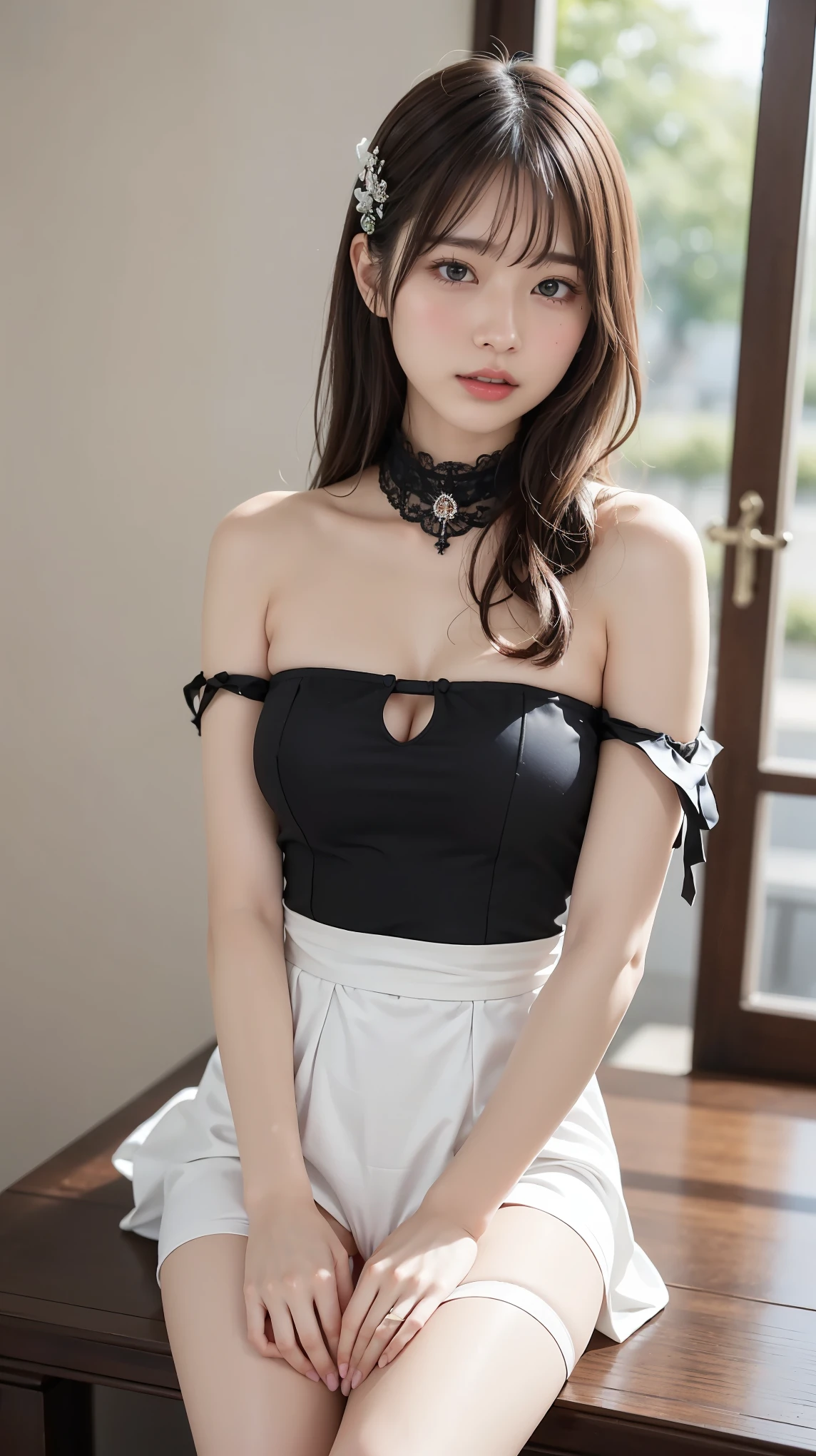 Elegant and refined adult girly style. Wearing a white dress with black polka dots that makes a striking impression. The neckline features an elegant mock neck that fully covers the collar area, creating a modest design that doesn't expose the chest. The shoulder cutout design elegantly reveals only the shoulder area, giving an overall modest and feminine impression. Delicate black ribbon decorations on the shoulders create a classic beauty. The waistline is designed marked with a ribbon belt. The skirt portion features an elegantly spreading tiered design. [挿入する, (( Having Intense セックス:1.5)), (( ランダムポジション:1.2)), (( 息を荒く吸い込む:1.2))、背もたれにもたれかかる、 フェイス・トゥ・ザ・シーリング 、 クライマックス表現 , 全身が震える, ((彼女は濡れた透けるユニフォームを着ている:1.3))