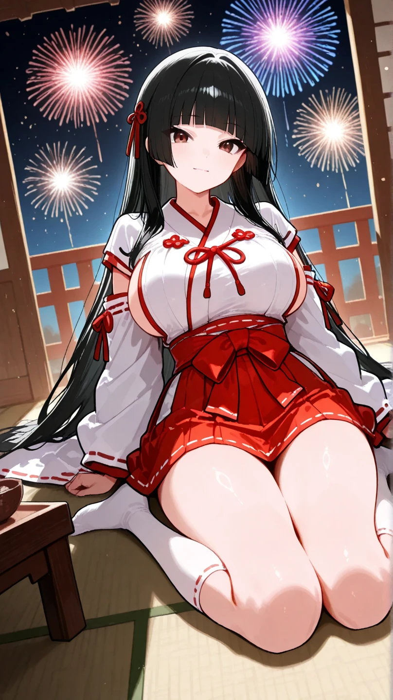 hakurei reimu, Oriental Project, At the fireworks display, Black Hair, Hair Tube, Hair Ribbon, yukata, Small breasts, Slender, Completely naked, Penis in the vagina, White sperm dripping from the vagina,Spread your legs, 