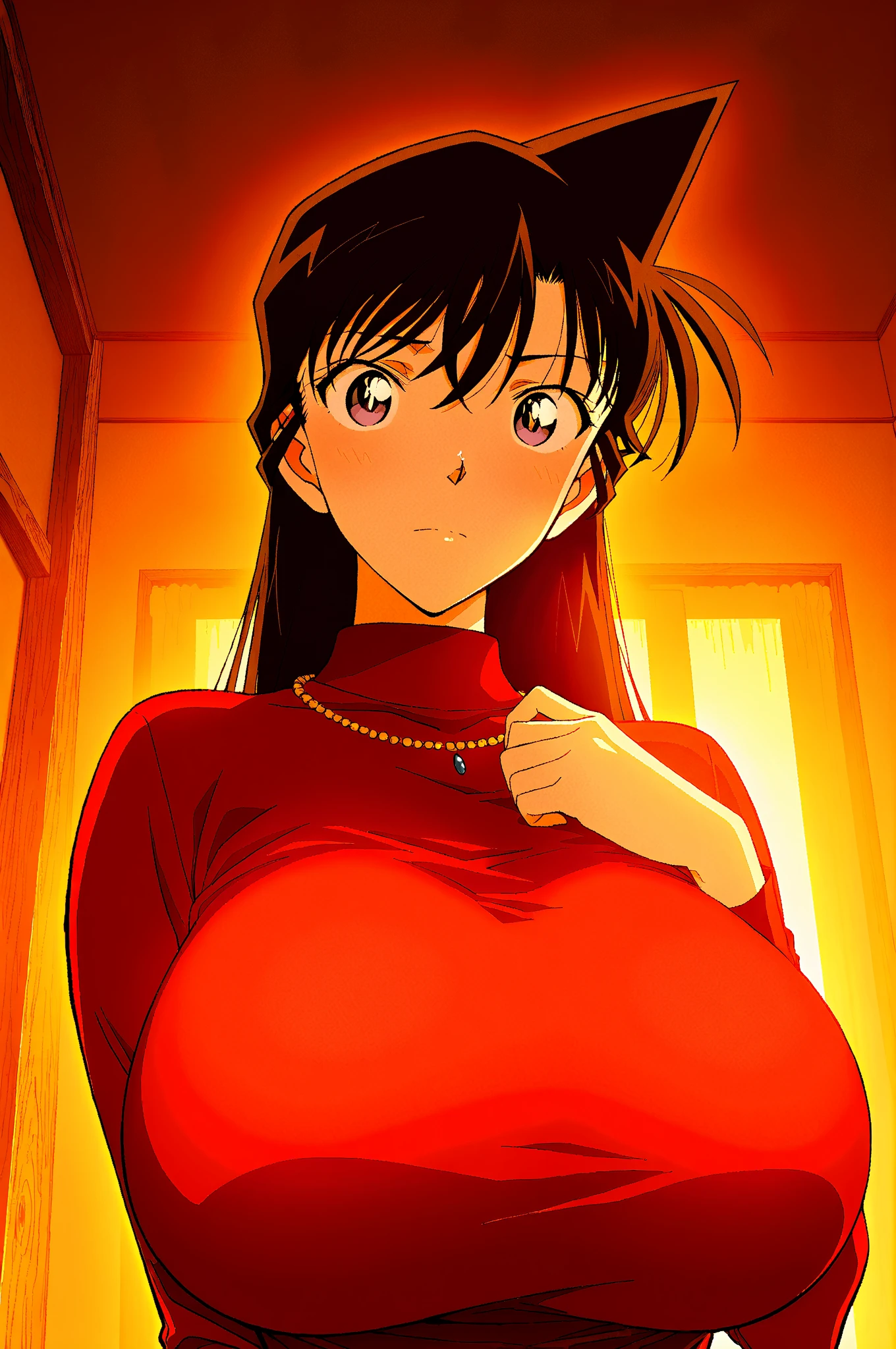 A Female with short black hair, bob cut, black eyes, Red lips, strapless, orange flamenco dress, shortsleeved orange ruffle off the shoulder top, black maxi skirt, detailed dress, bare shoulders, cleavage, bare feets, sitting down on her bed, with candles burning on the ground, bedroom background, in style of digital illustration, anime, 1 girl, solo, upper body, smile, looking at viewer, seductive