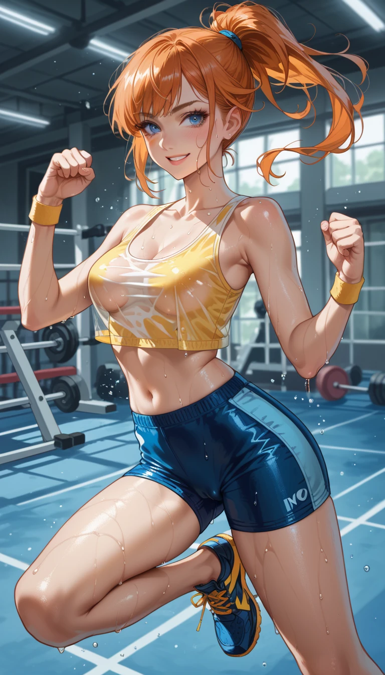 (masterpiece:1.2), (best quality:1.2), (extremely detailed:1.2), (photorealistic:1.1), (extremely detailed face), (ultra detailed), ((1girl)), smile, upper body, tank top, blue bracelet, orange hair,bun hair,captain_mizuki, simple background, arm behind head,armpits wet,muscle