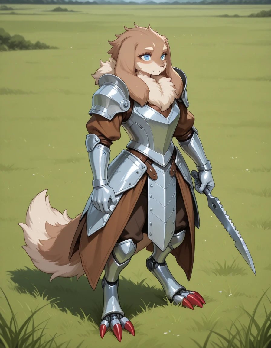 Solo, Furry, Hare monster girl, brown and tan fur, fluffy fur, lop ears that end in razor sharp blades, blue eyes, dressed in prairie armor, with mecha silver gloves with red claws
, grasslands