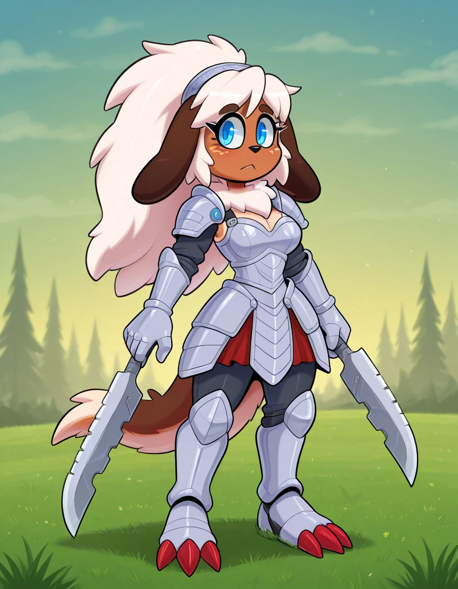 Solo, Furry, Hare monster girl, brown and tan fur, fluffy fur, lop ears that end in razor sharp blades, blue eyes, dressed in prairie armor, with mecha silver gloves with red claws
, grasslands